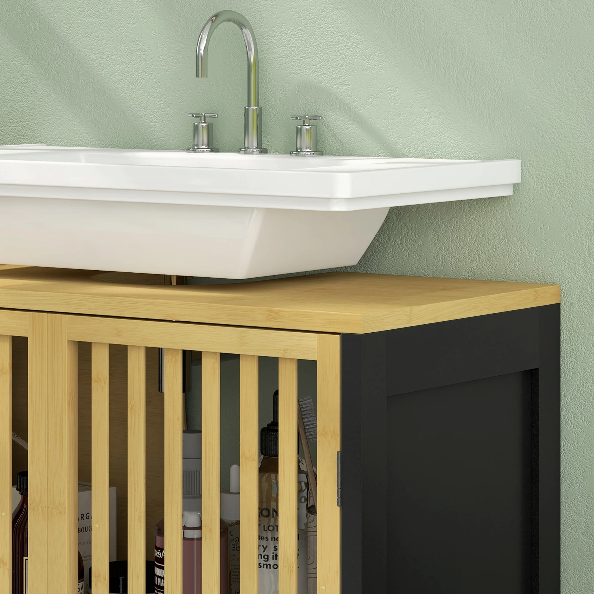 HOMCOM Under Sink Bathroom Cabinet, Bamboo Sink Storage Cabinet Slat Doors - Image 9