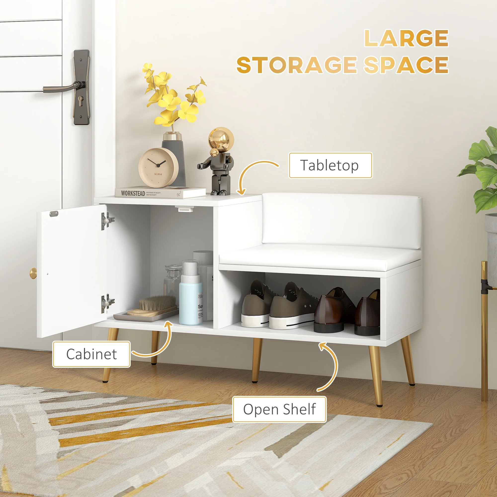 HOMCOM Upholstered Entryway Shoe Bench With Storage Cabinet Open Shelf White - Image 3