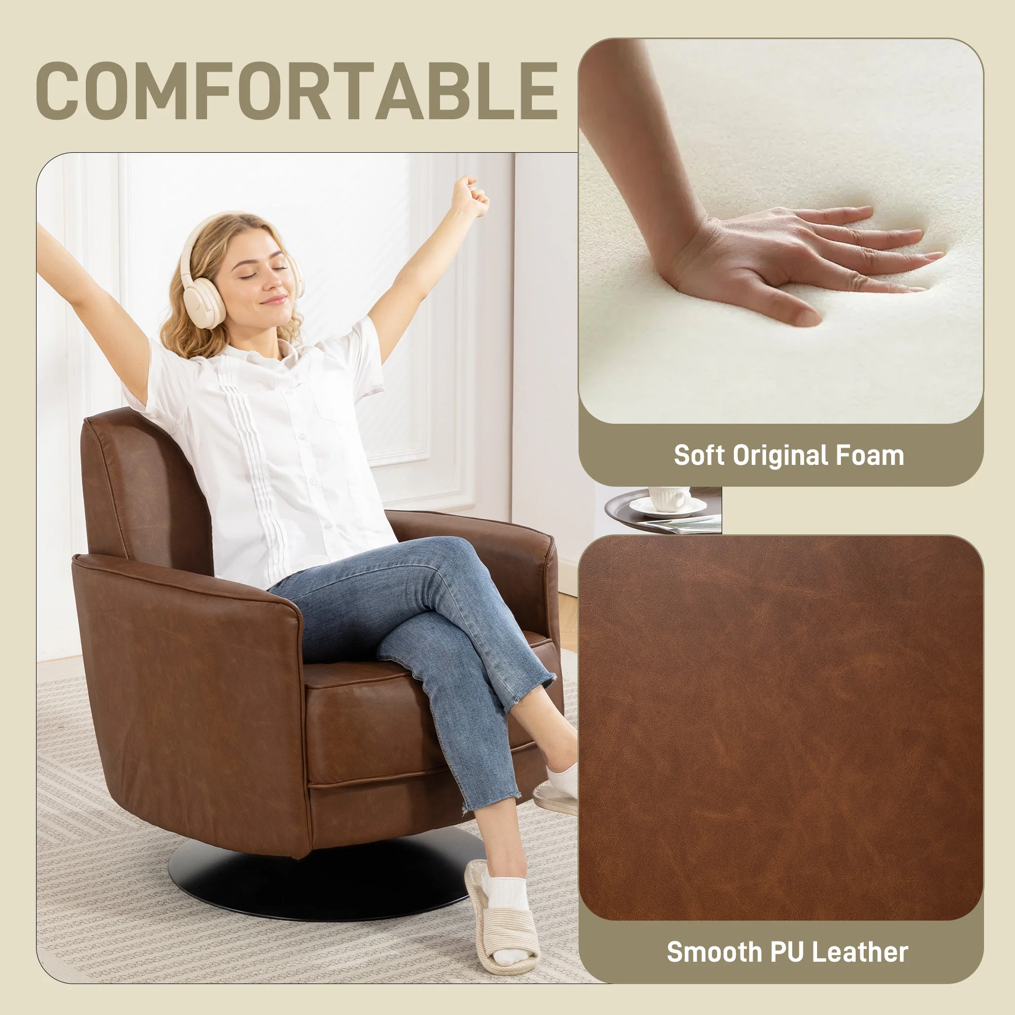 HOMCOM Upholstered PU Leather Armchair For Living Room, Brown - Image 4