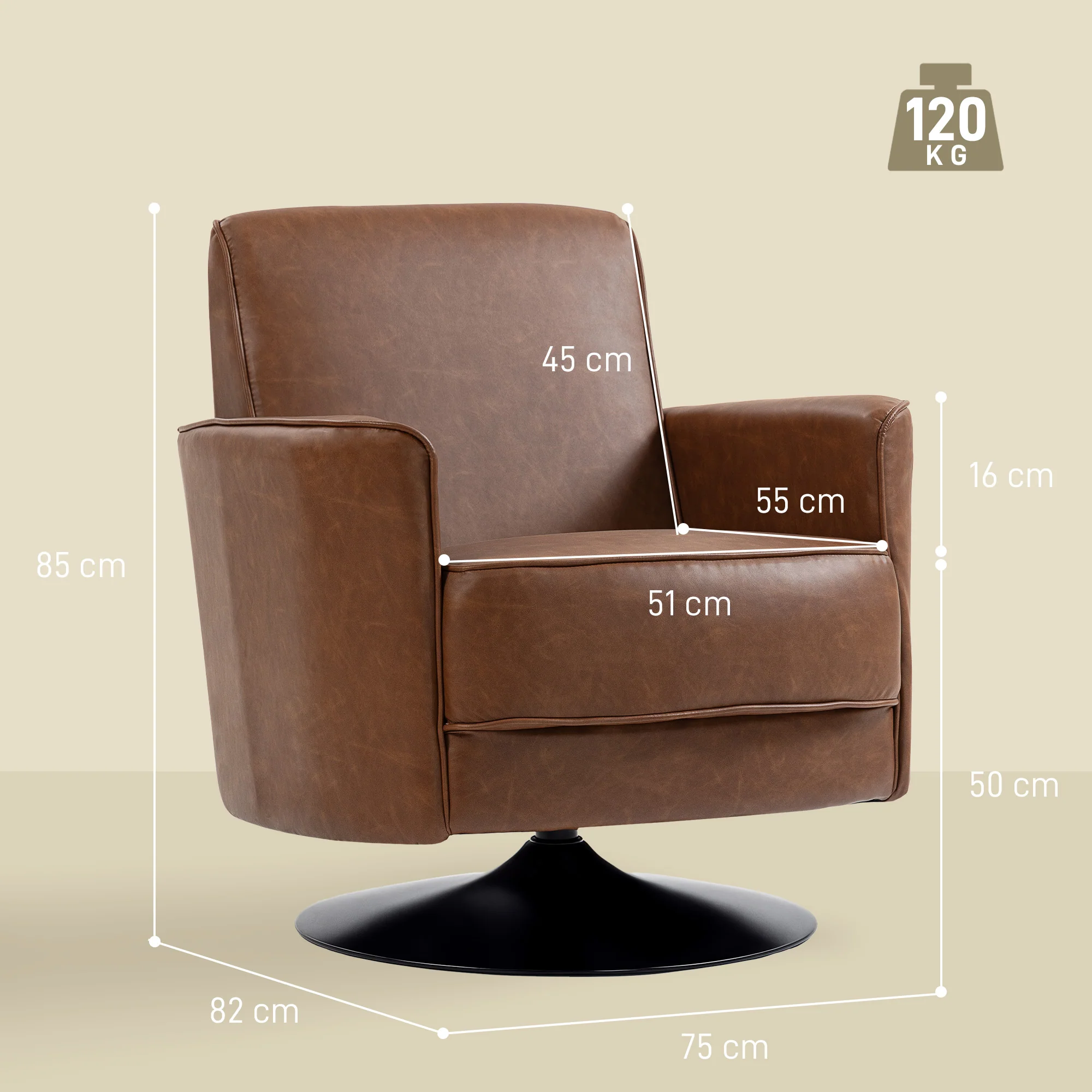 HOMCOM Upholstered PU Leather Armchair For Living Room, Brown - Image 5