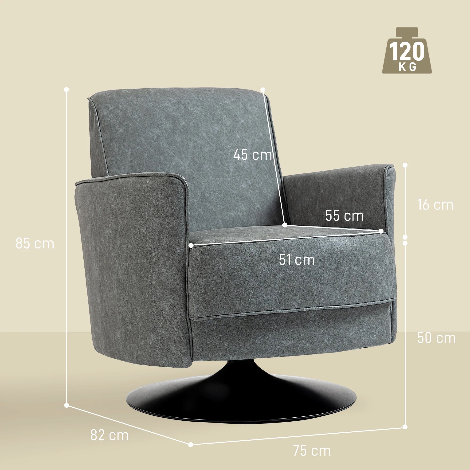 HOMCOM Upholstered PU Leather Armchair For Living Room, Grey - Image 5