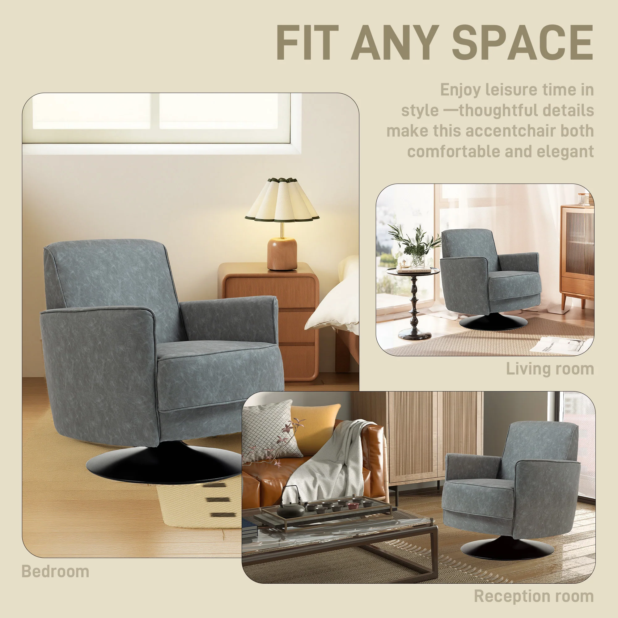 HOMCOM Upholstered PU Leather Armchair For Living Room, Grey - Image 6