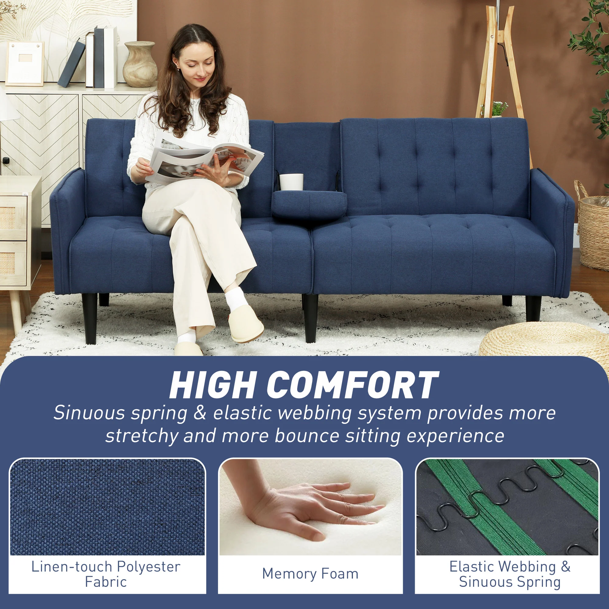 HOMCOM Upholstered Sofa Bed 3 Seater Home Theater With Storage - Image 7