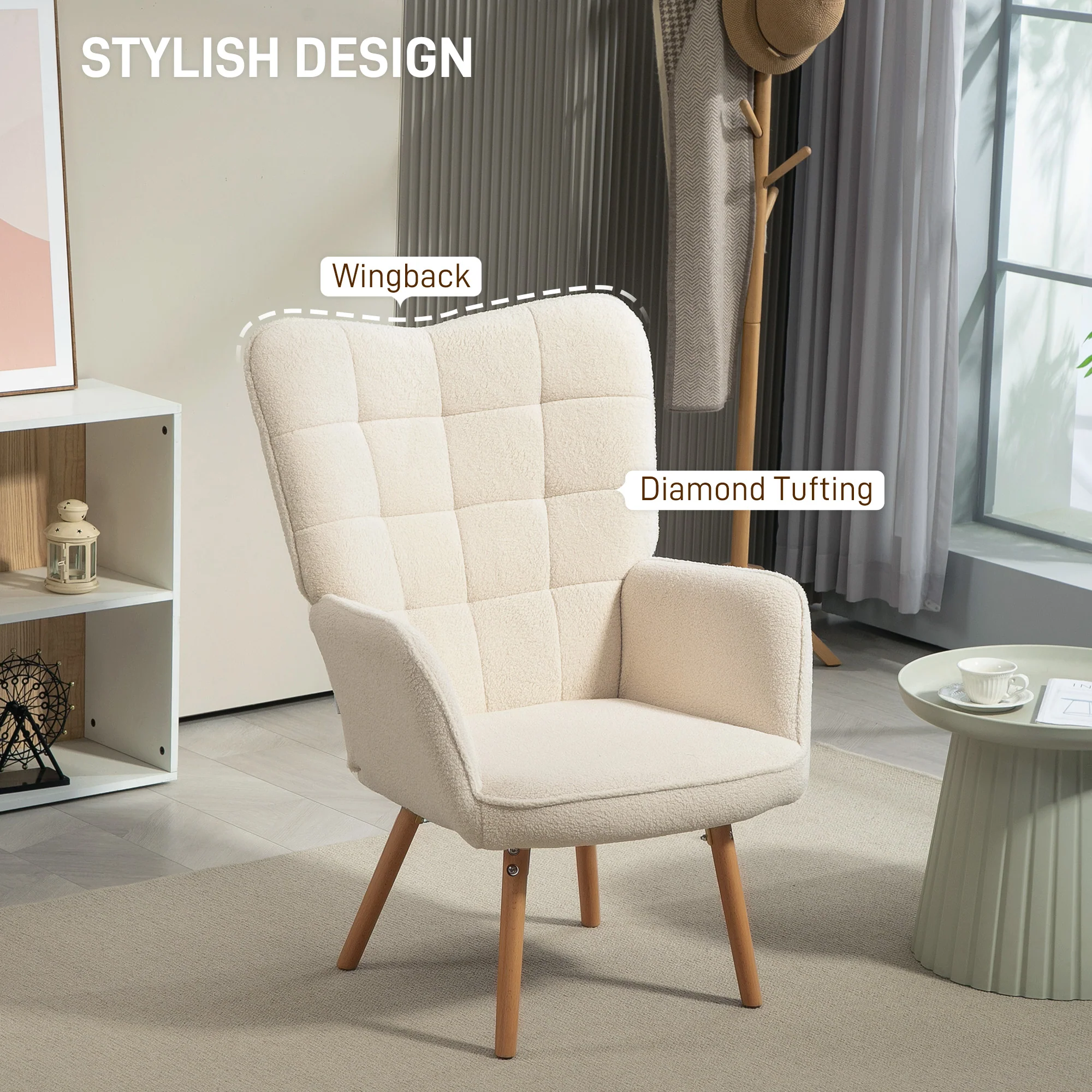 HOMCOM Upholstered Tufted Wingback Armchair with Seat Padding, Cream White - Image 4