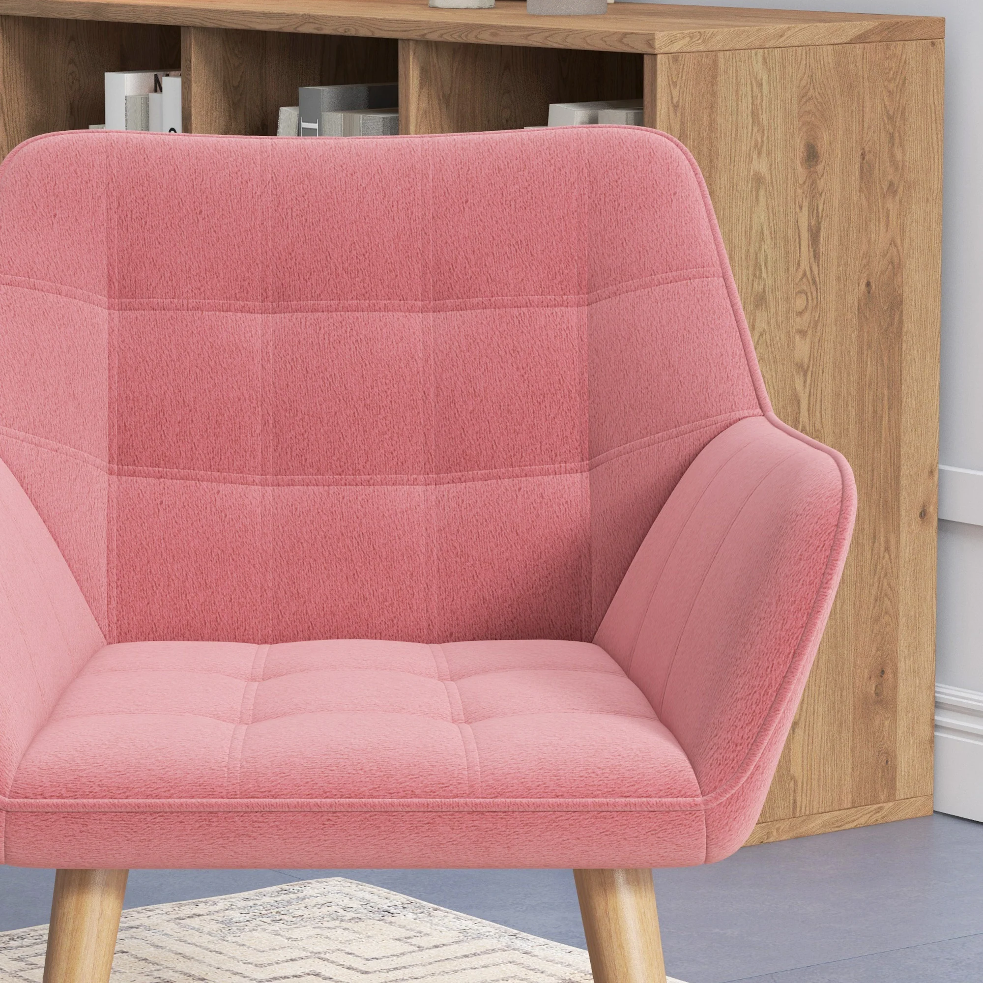 HOMCOM Velvet-Feel Pink Accent Chair With Arms Slanted Back Wood Legs - Image 9