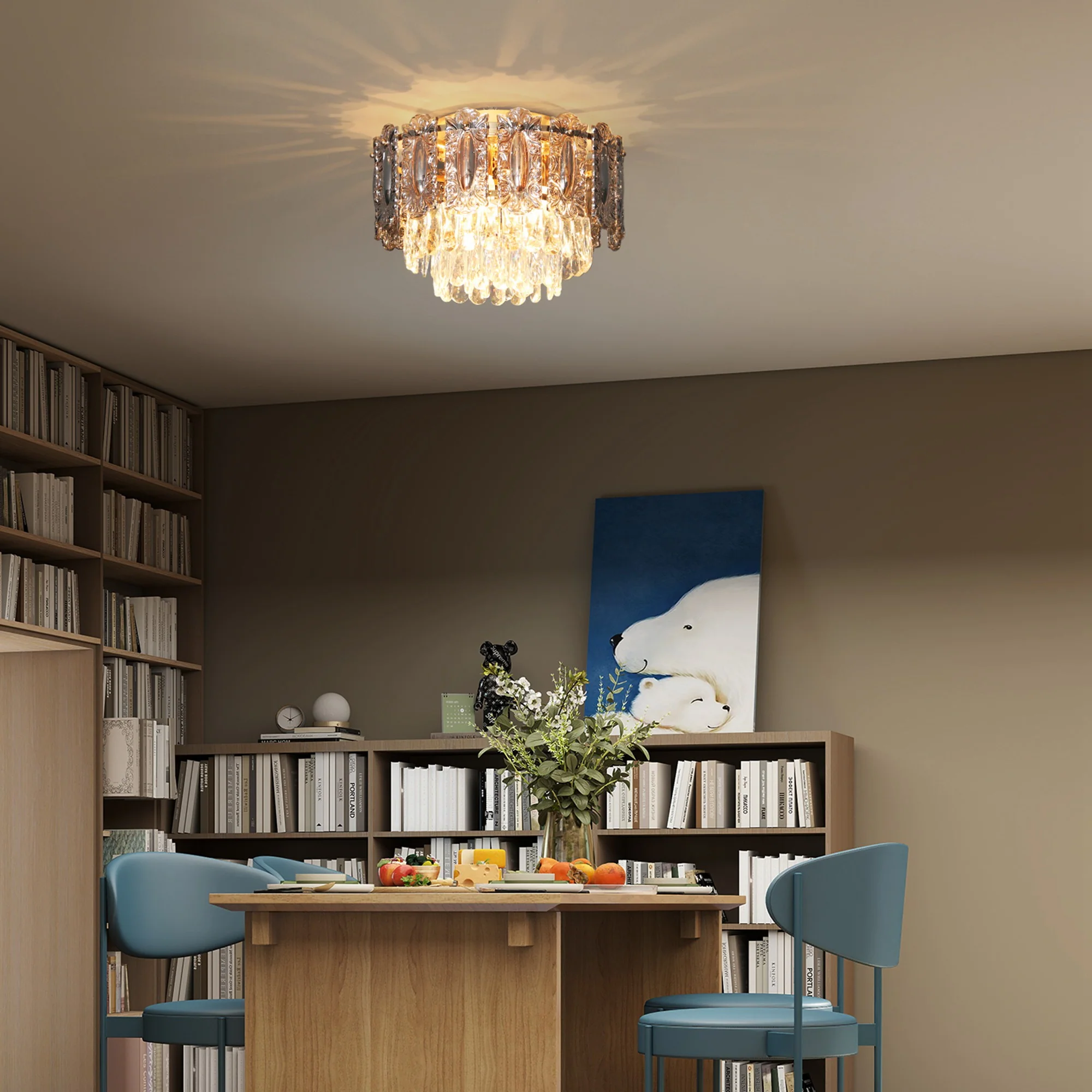 HOMCOM Vintage Ceiling Light With Dual Crystal And Smoke Glass Shade, Gold - Image 7