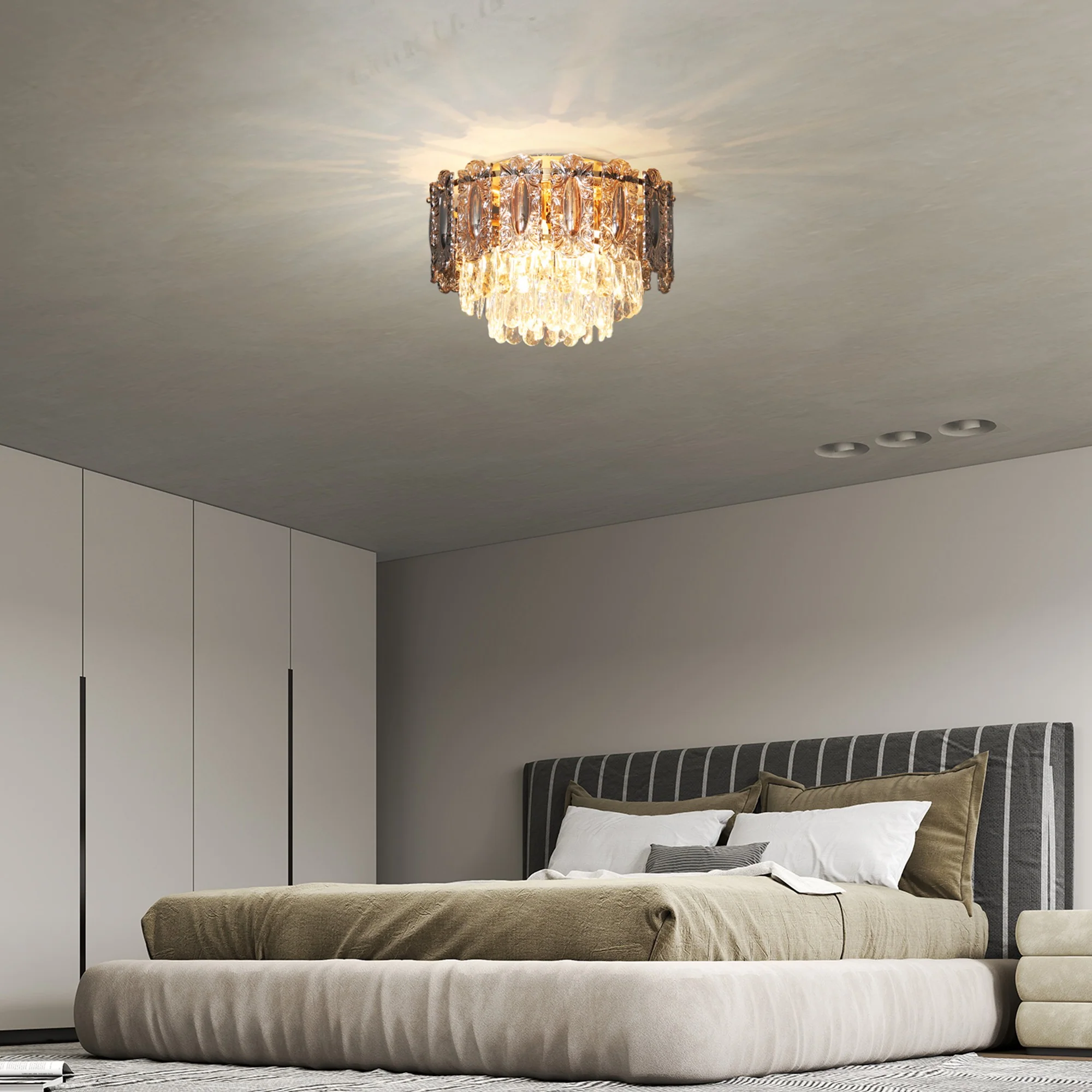 HOMCOM Vintage Ceiling Light With Dual Crystal And Smoke Glass Shade, Gold - Image 9