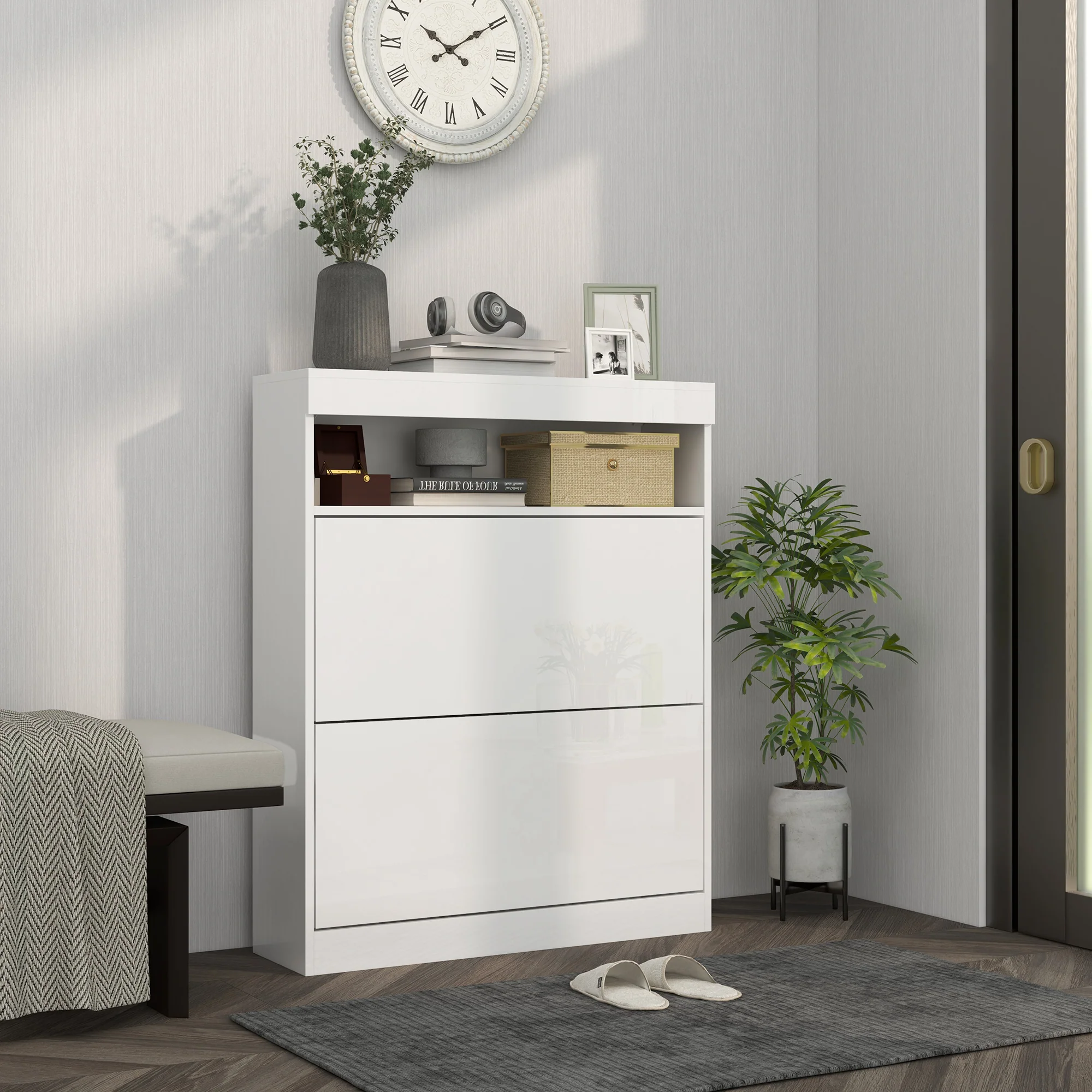HOMCOM Wall Mounted Or Freestanding Shoe Cabinet With 2 Flip Drawers, White/Black - Image 2