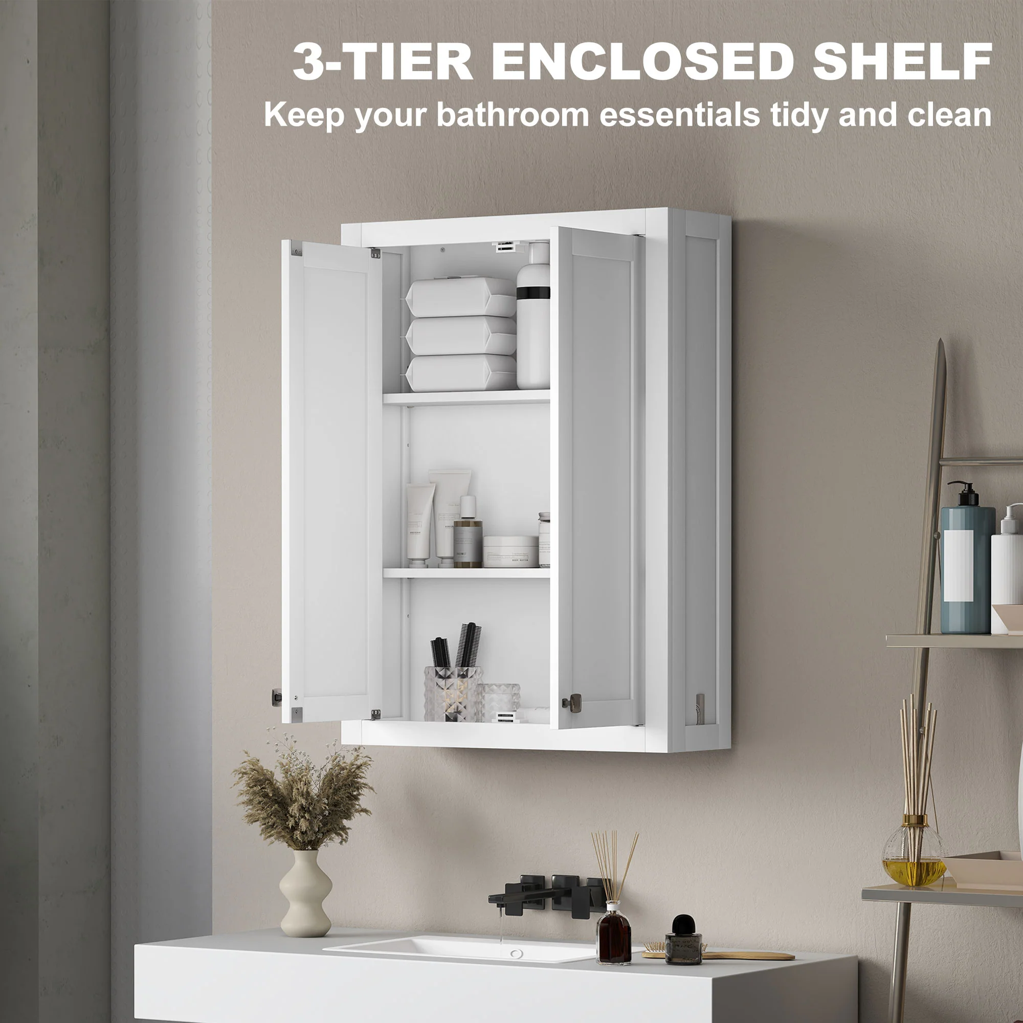 HOMCOM Wall Mounted Storage With Adjustable Shelves, Bathroom Wall Cabinet - Image 3