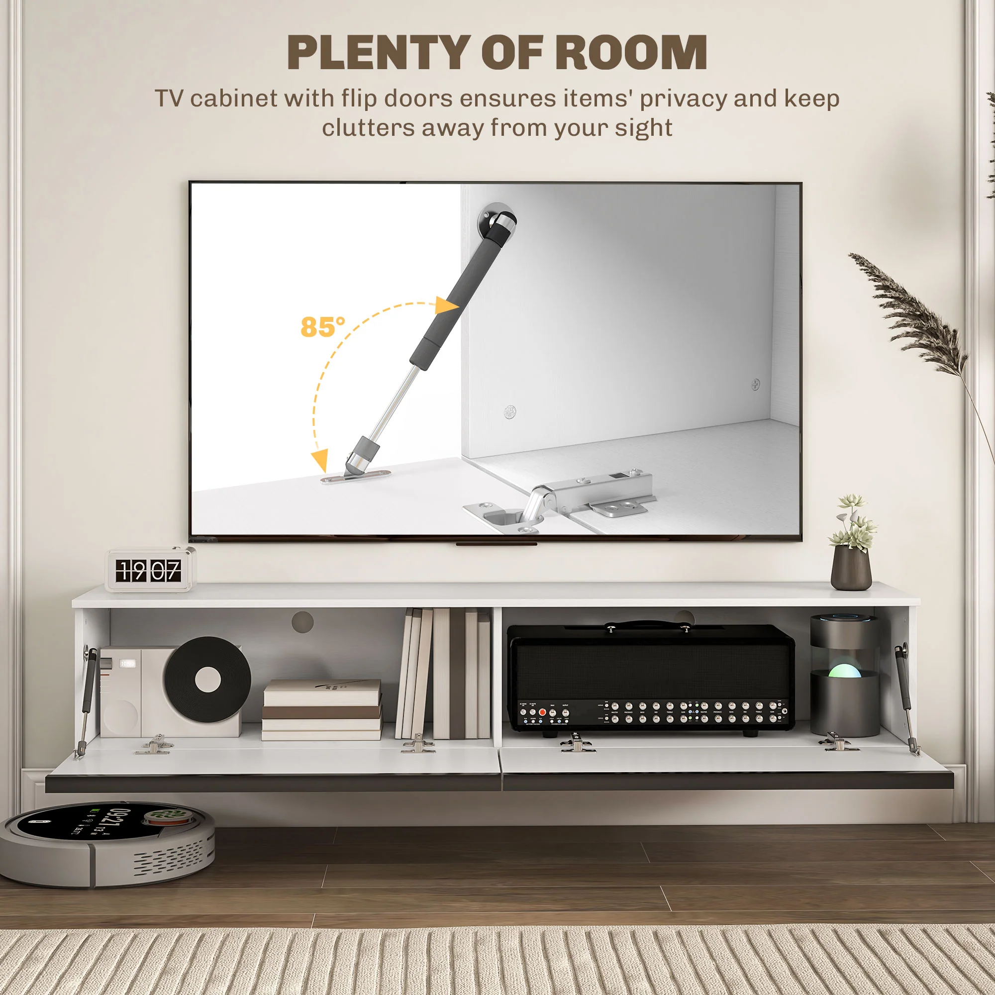 HOMCOM Wall Mounted TV Stand Unit With Storage And High Gloss Effect, White - Image 5