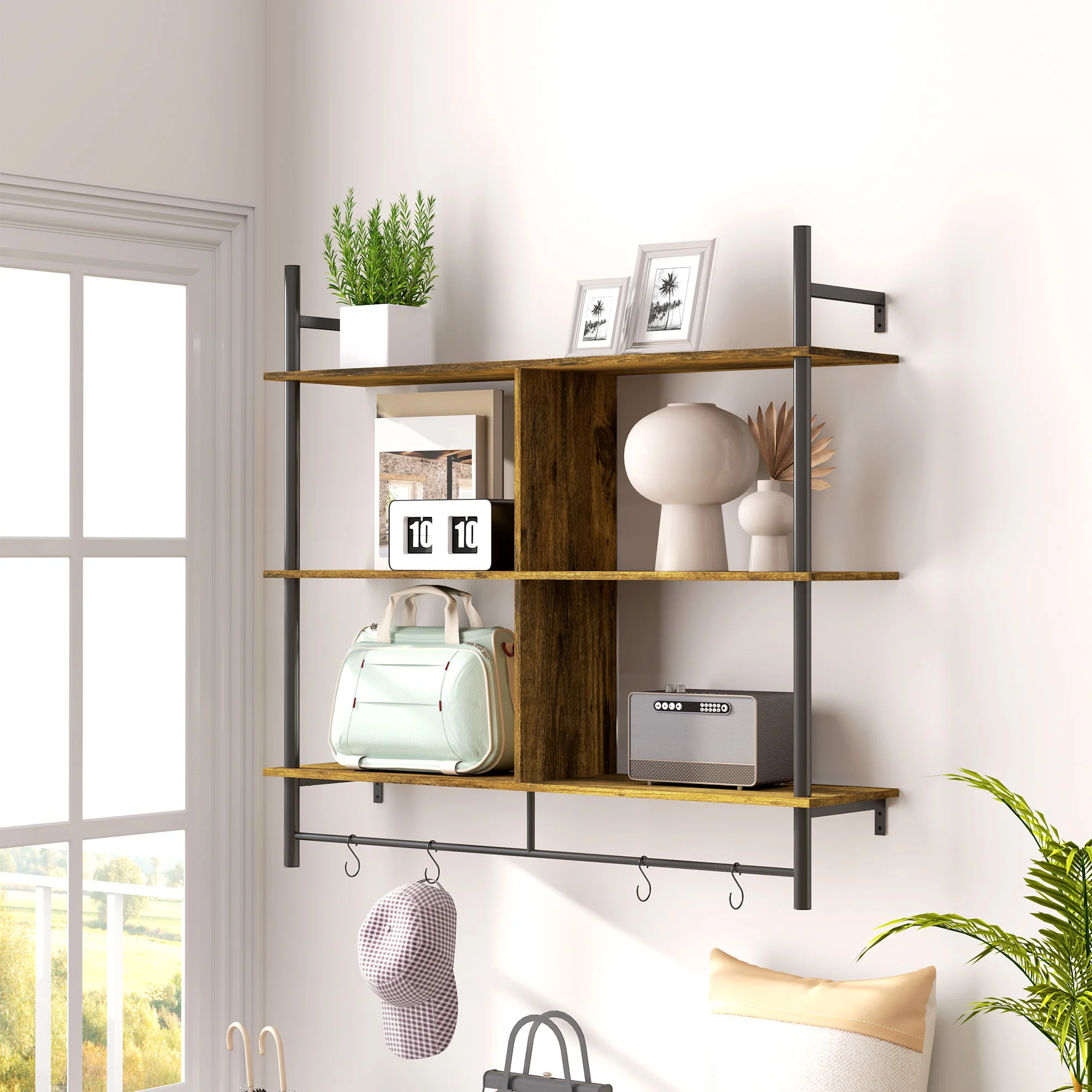 HOMCOM Wall Shelf Unit with 4 Hooks for Living Room - Image 11