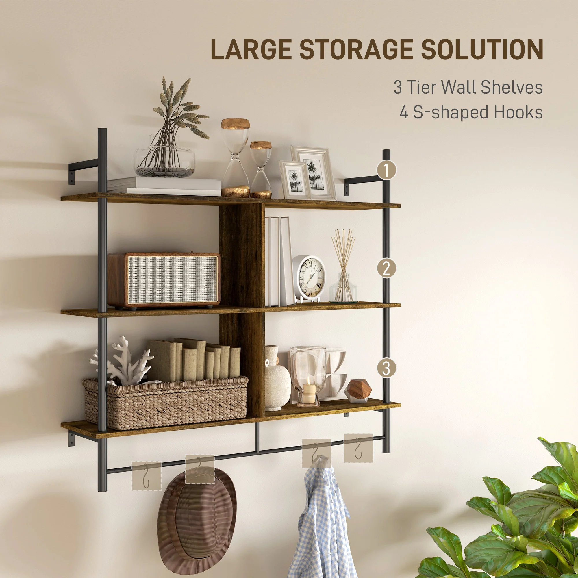 HOMCOM Wall Shelf Unit with 4 Hooks for Living Room - Image 12