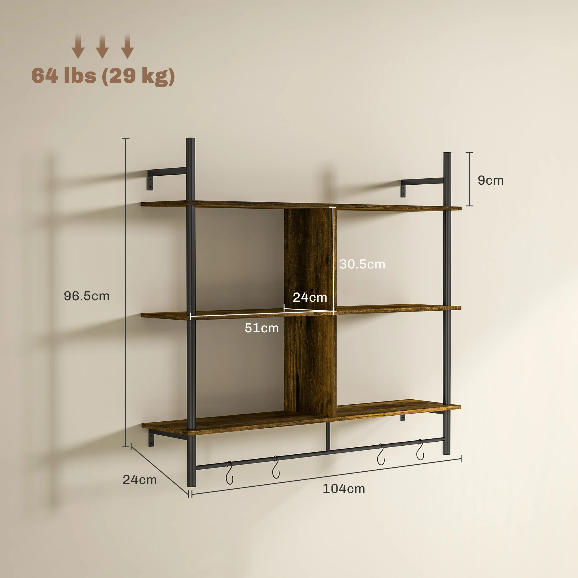 HOMCOM Wall Shelf Unit with 4 Hooks for Living Room - Image 14