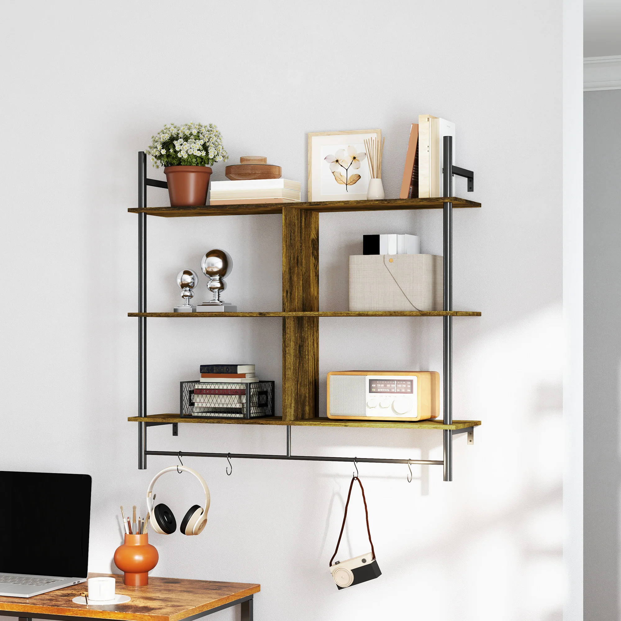HOMCOM Wall Shelf Unit with 4 Hooks for Living Room - Image 16