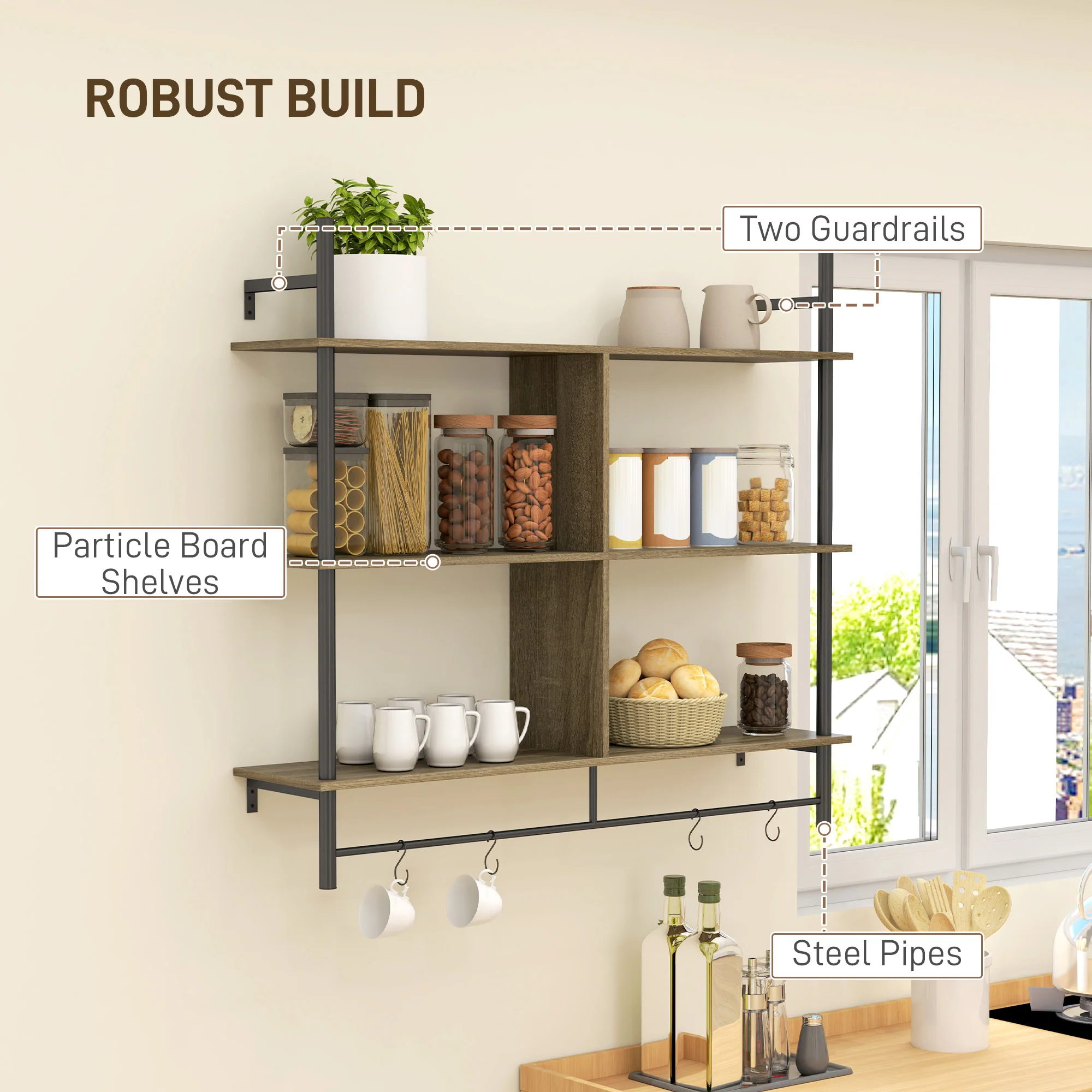 HOMCOM Wall Shelf Unit with 4 Hooks for Living Room - Image 4