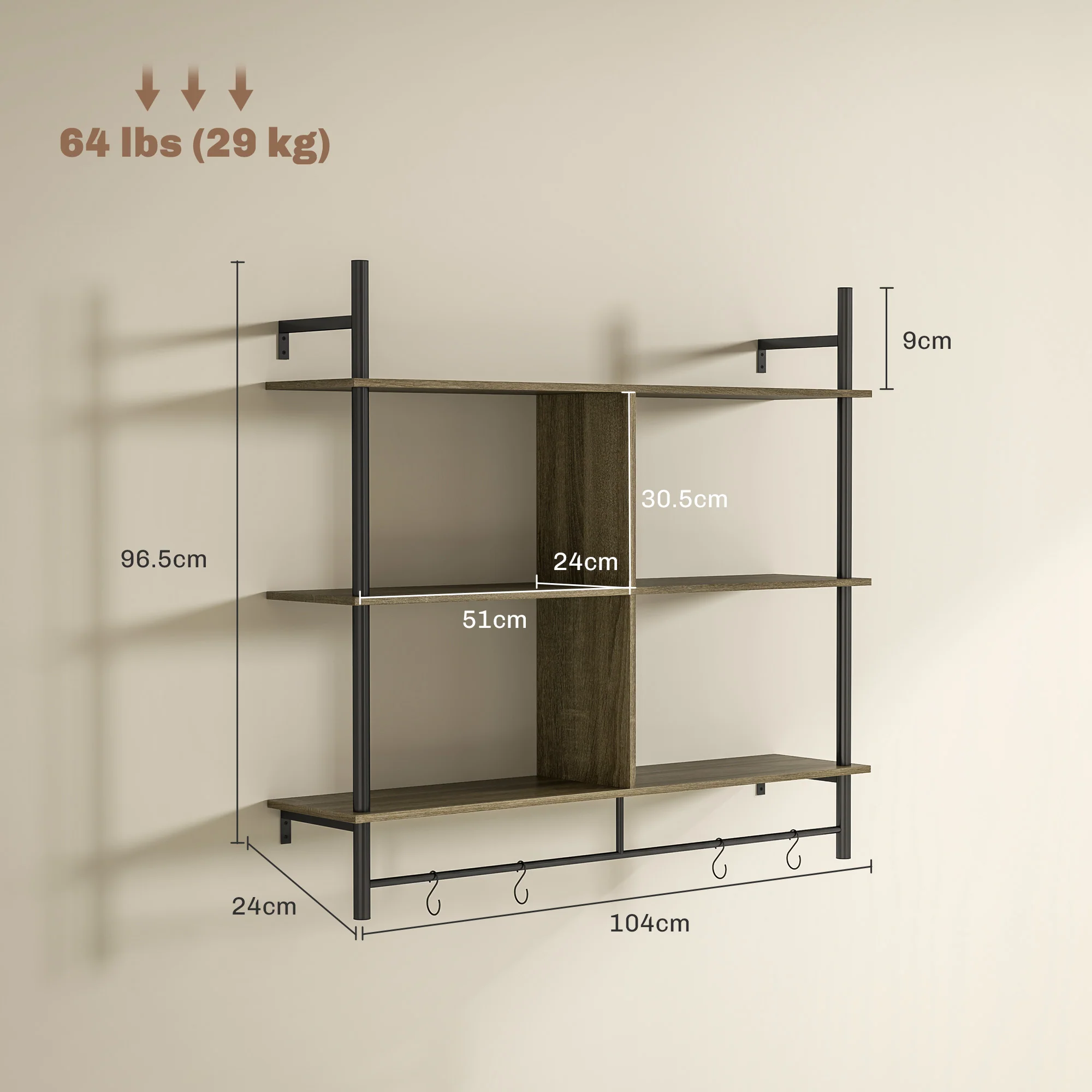 HOMCOM Wall Shelf Unit with 4 Hooks for Living Room - Image 5
