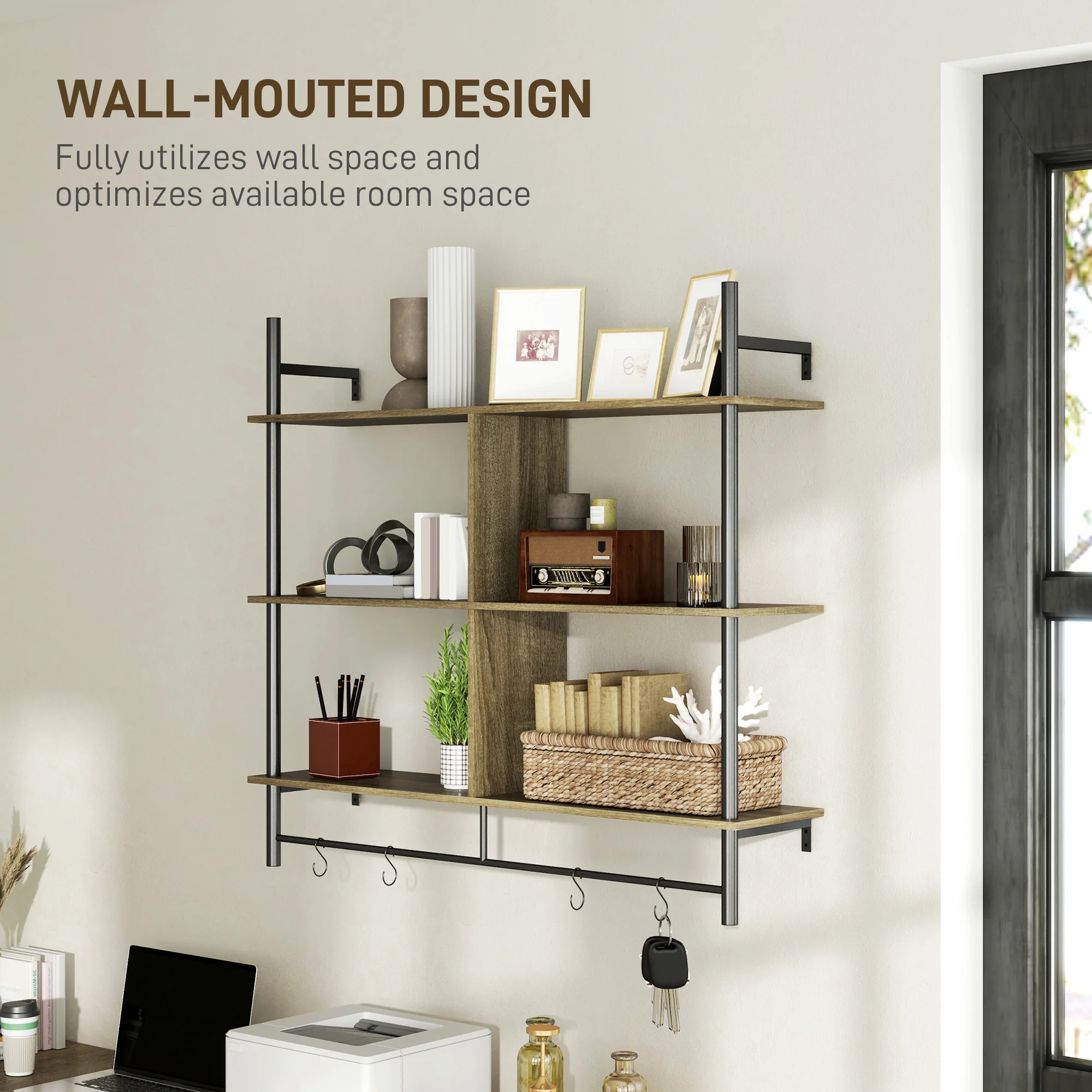 HOMCOM Wall Shelf Unit with 4 Hooks for Living Room - Image 6