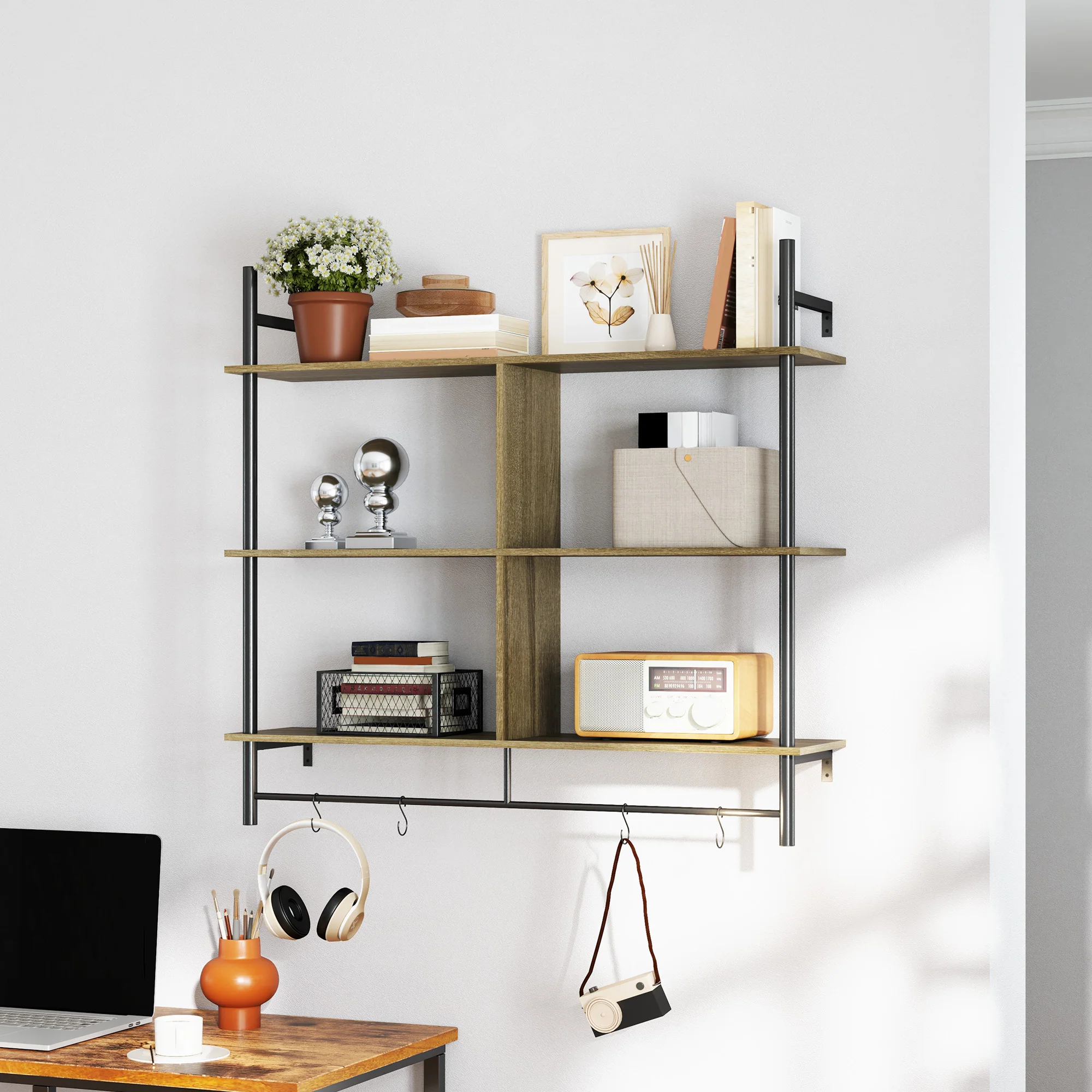 HOMCOM Wall Shelf Unit with 4 Hooks for Living Room - Image 7
