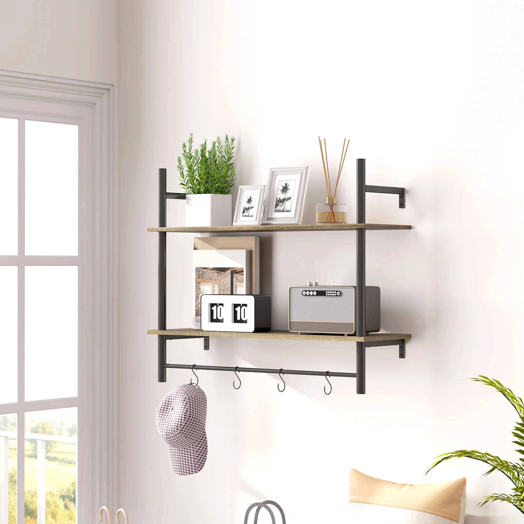 HOMCOM Wall Shelf Unit with 4 Hooks for Living Room, Entryway - Image 2