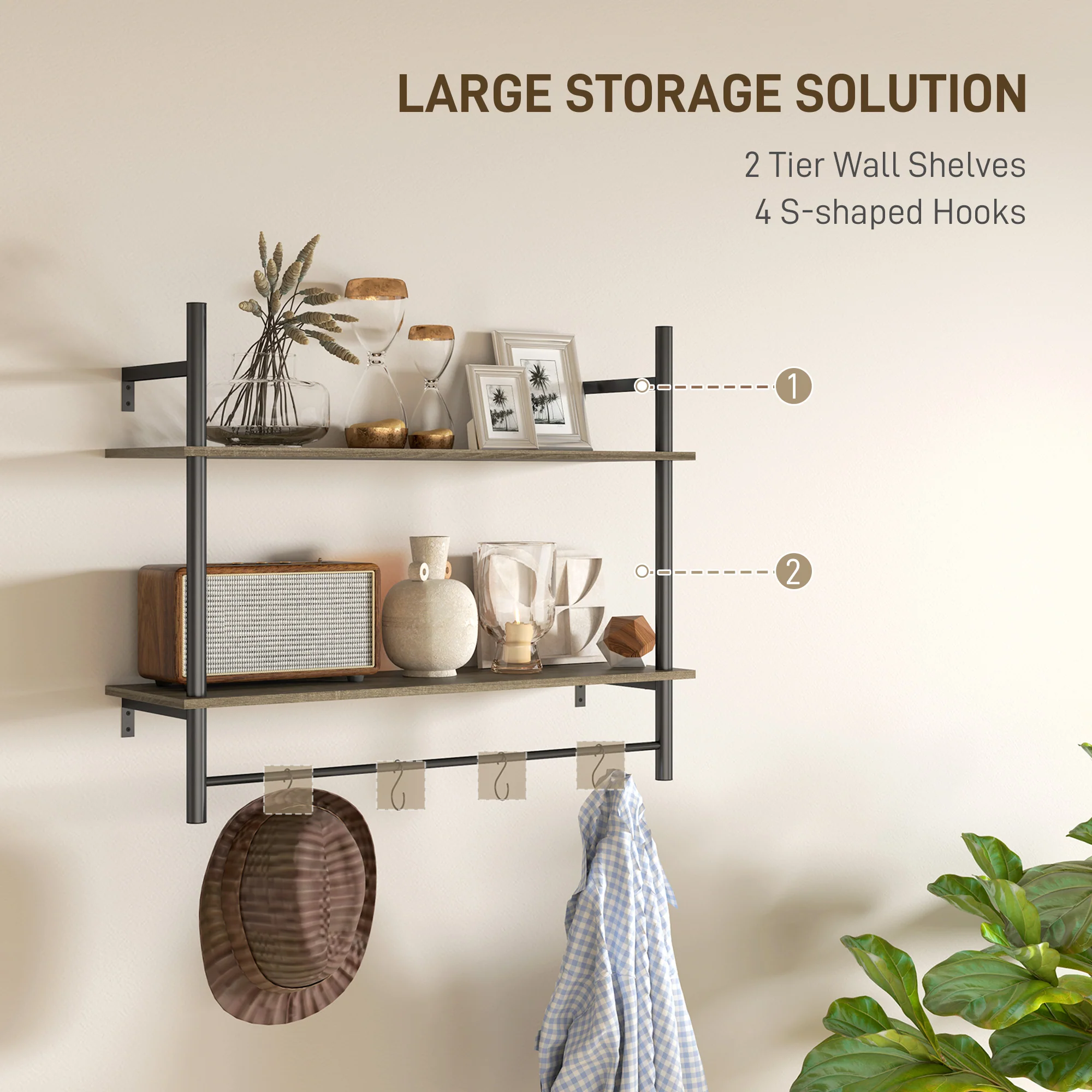 HOMCOM Wall Shelf Unit with 4 Hooks for Living Room, Entryway - Image 3