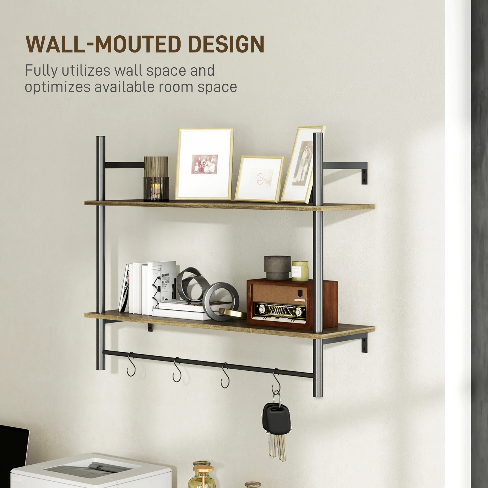 HOMCOM Wall Shelf Unit with 4 Hooks for Living Room, Entryway - Image 6