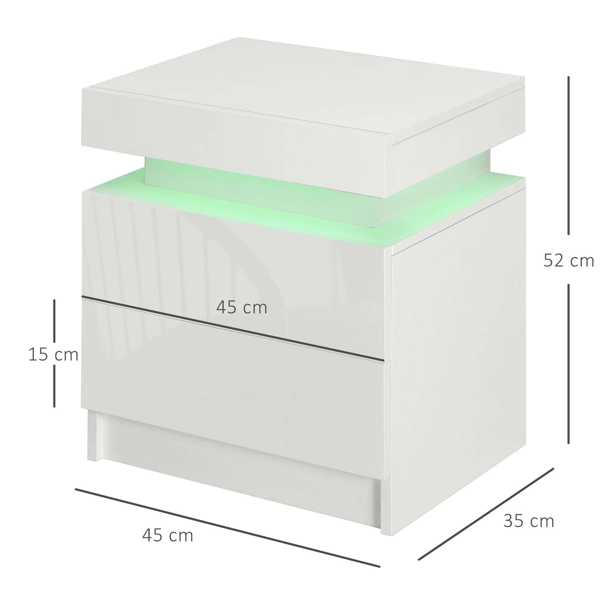 HOMCOM White Bedside Table, High Gloss Front Nightstand w/ LED Light, 2 Drawers - Image 4