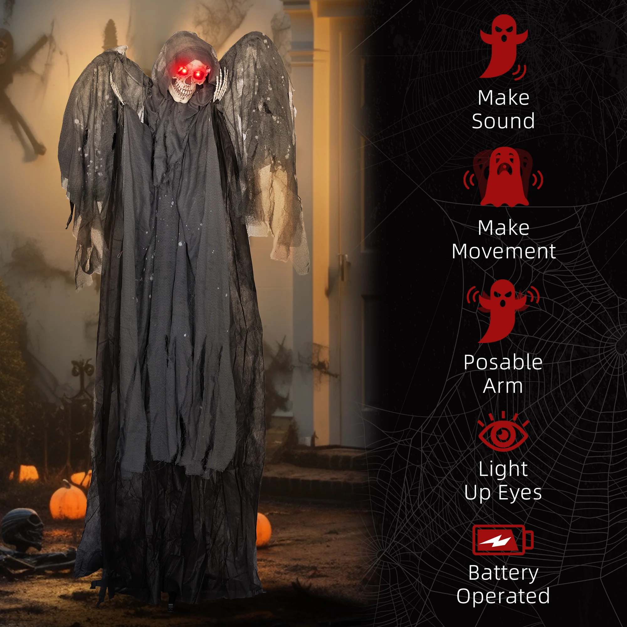 HOMCOM Winged Grim Reaper Animatronic Prop w/ Light Up Eyes, for Haunted House - Image 7