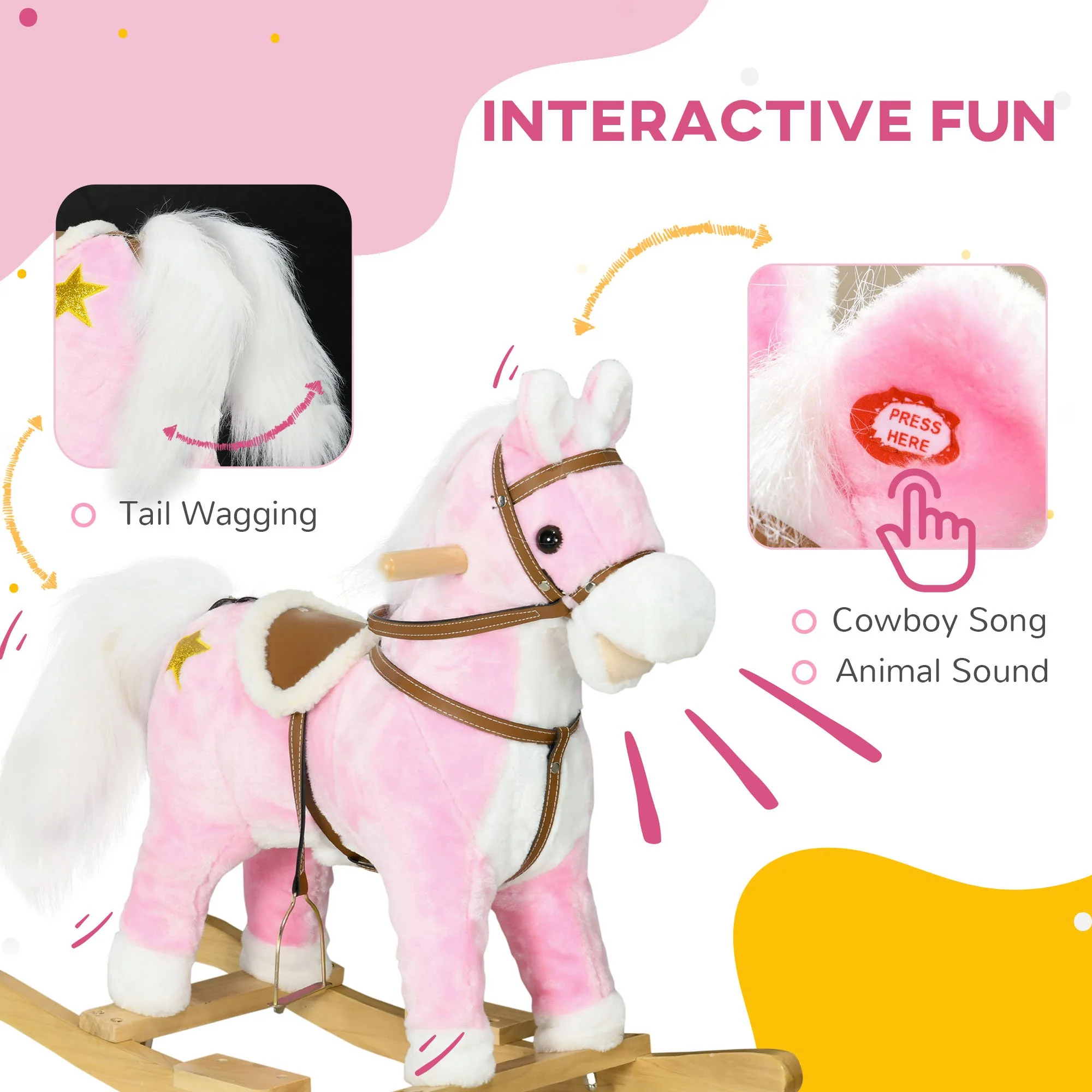 HOMCOM Wooden Ride On Horse, Ride On Pony Gift For Kids 3-6 Years, Pink - Image 3