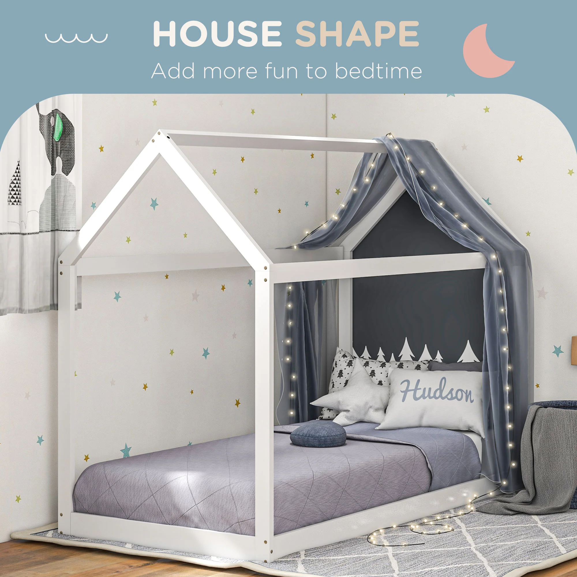 HOMCOM Wooden Single Bed Frame With Tree House Style, White And Grey - Image 3