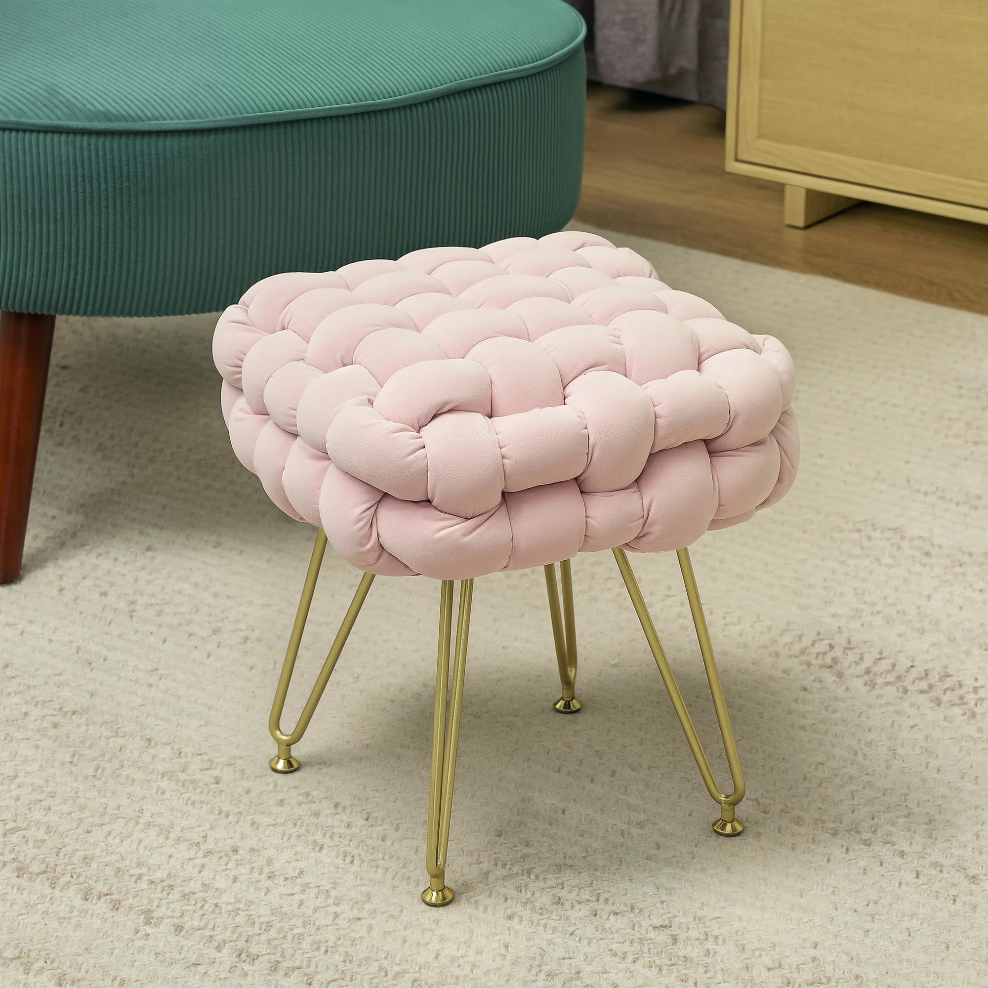 HOMCOM Woven Velvet Foot Stool with Steel Legs for Living Room - Image 11