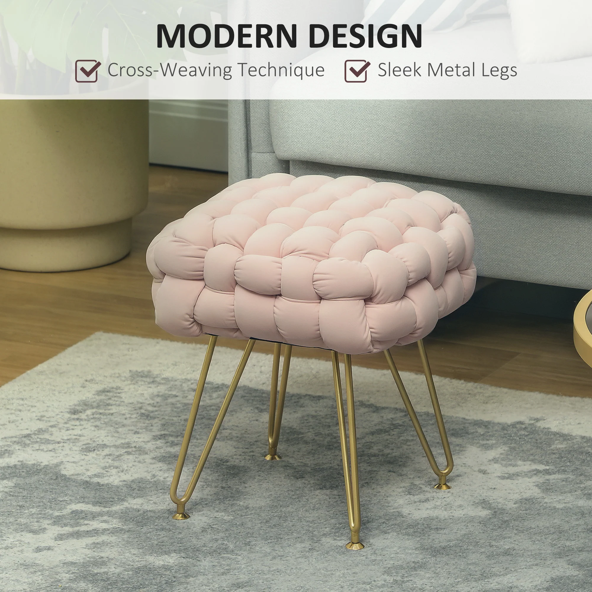 HOMCOM Woven Velvet Foot Stool with Steel Legs for Living Room - Image 12