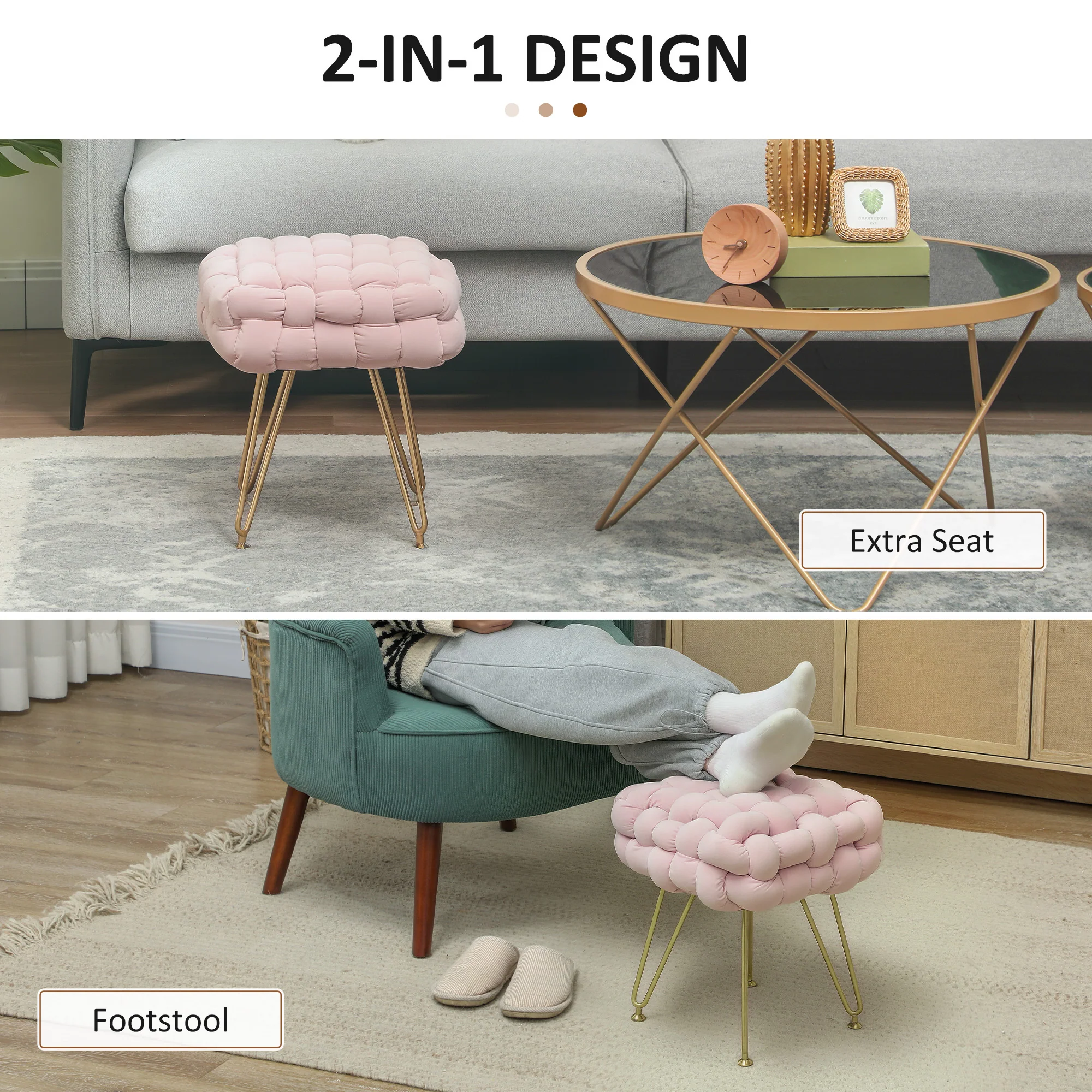 HOMCOM Woven Velvet Foot Stool with Steel Legs for Living Room - Image 13