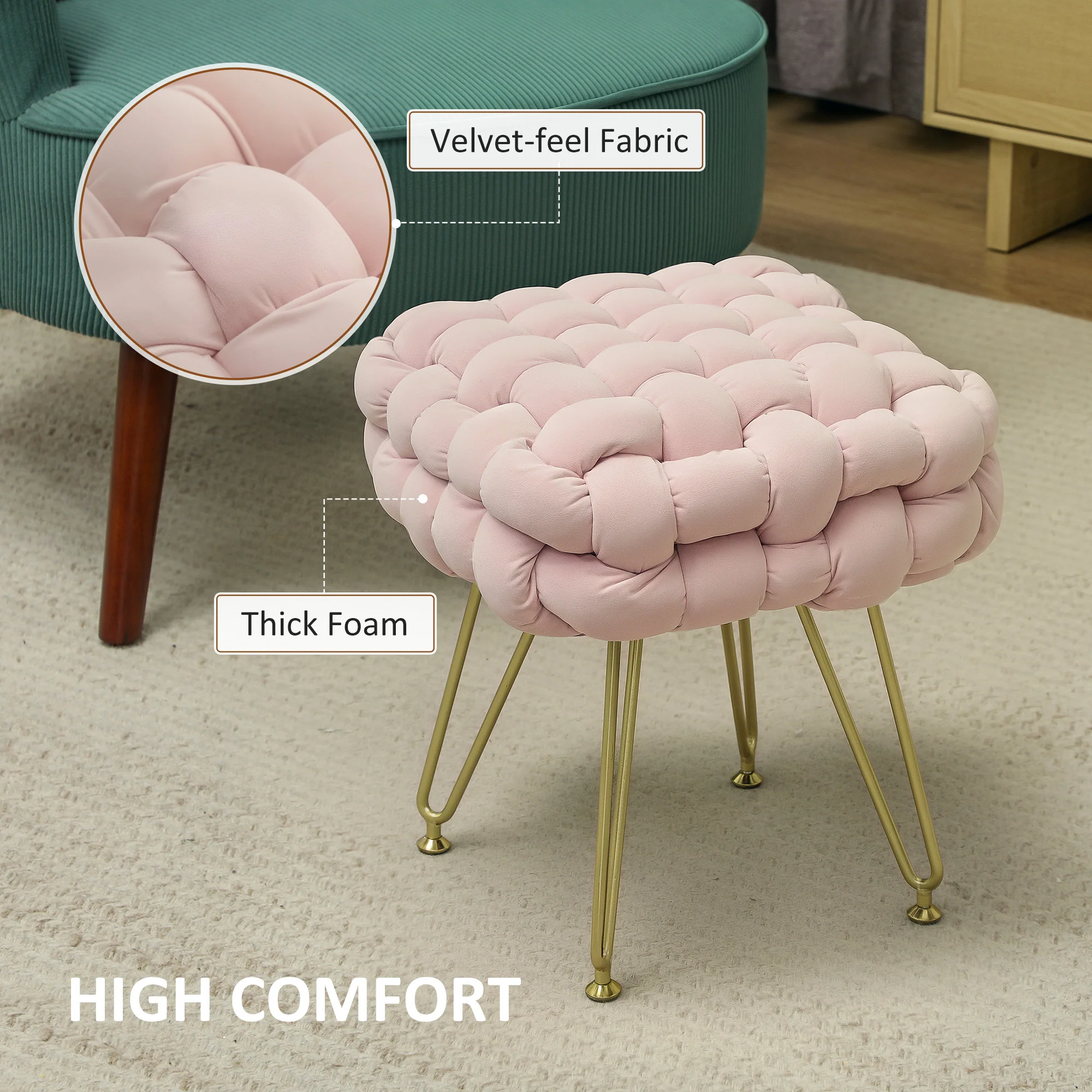 HOMCOM Woven Velvet Foot Stool with Steel Legs for Living Room - Image 15