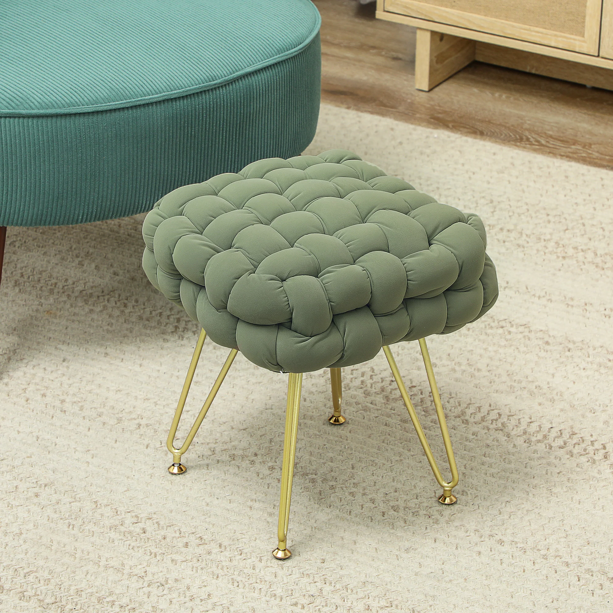 HOMCOM Woven Velvet Foot Stool with Steel Legs for Living Room - Image 2