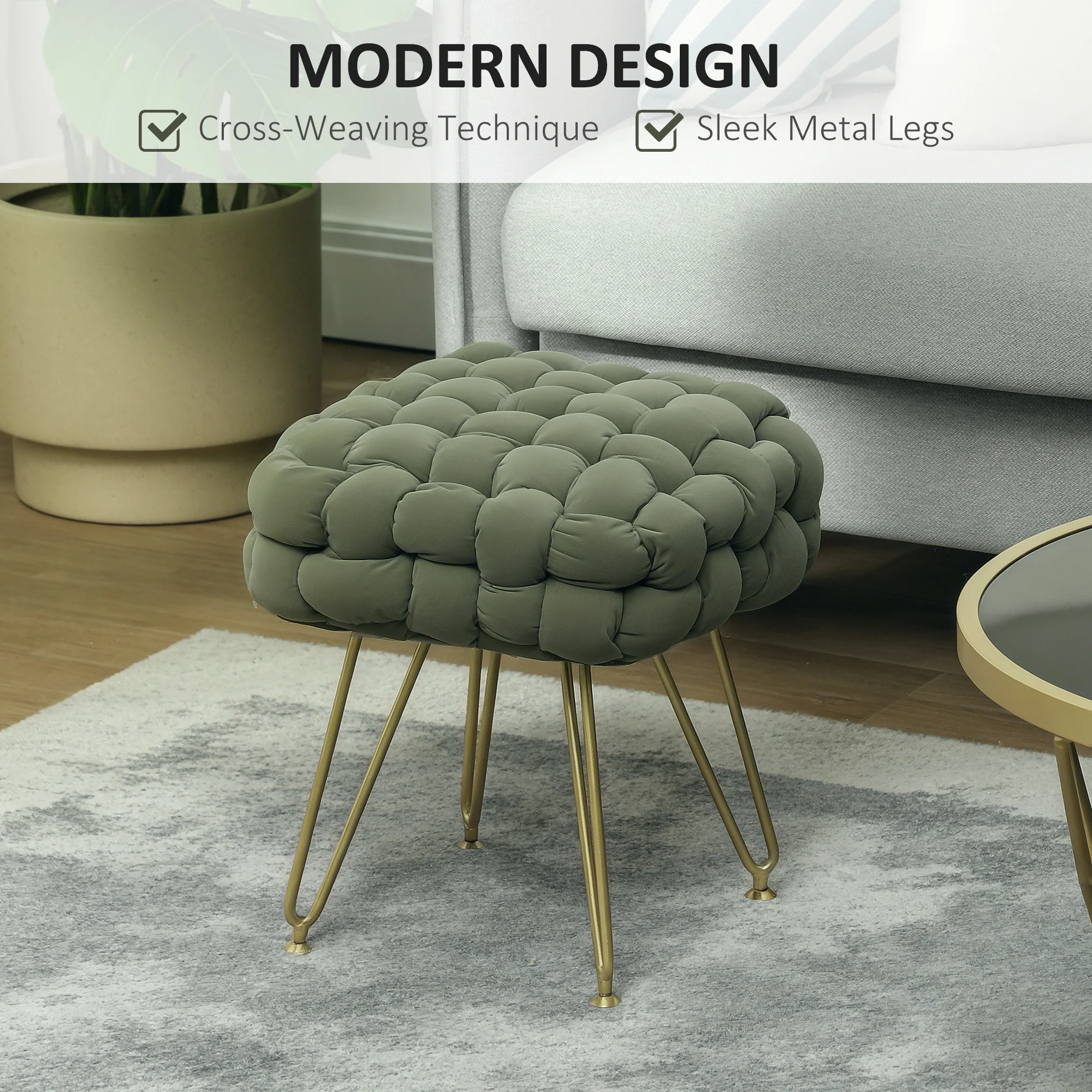 HOMCOM Woven Velvet Foot Stool with Steel Legs for Living Room - Image 3