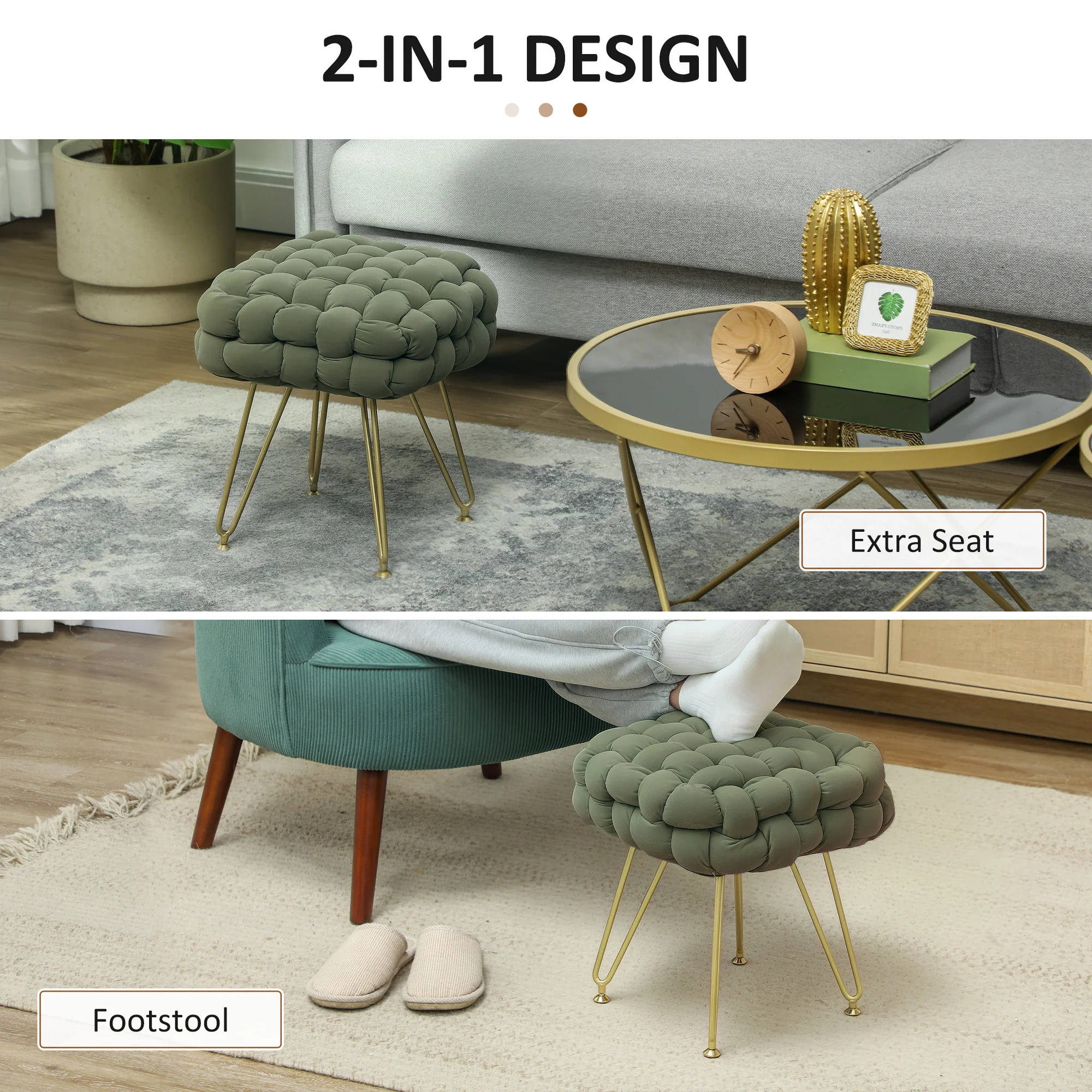 HOMCOM Woven Velvet Foot Stool with Steel Legs for Living Room - Image 4