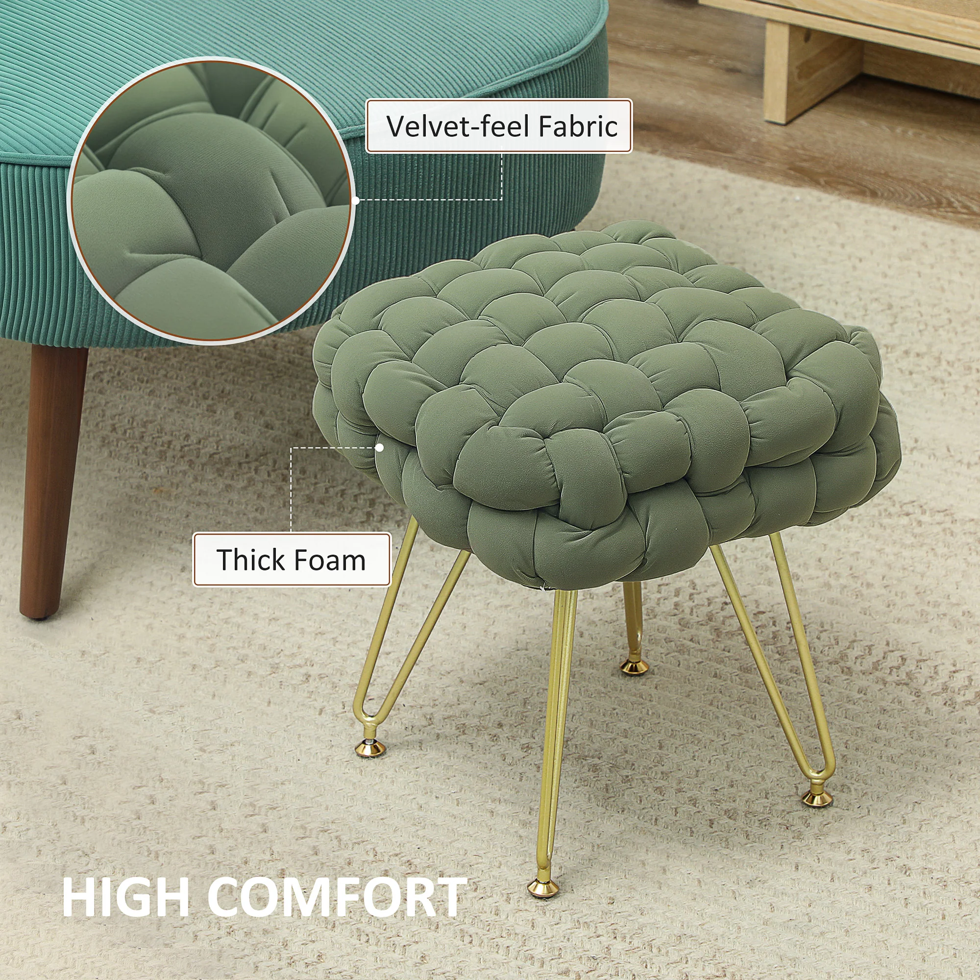 HOMCOM Woven Velvet Foot Stool with Steel Legs for Living Room - Image 6