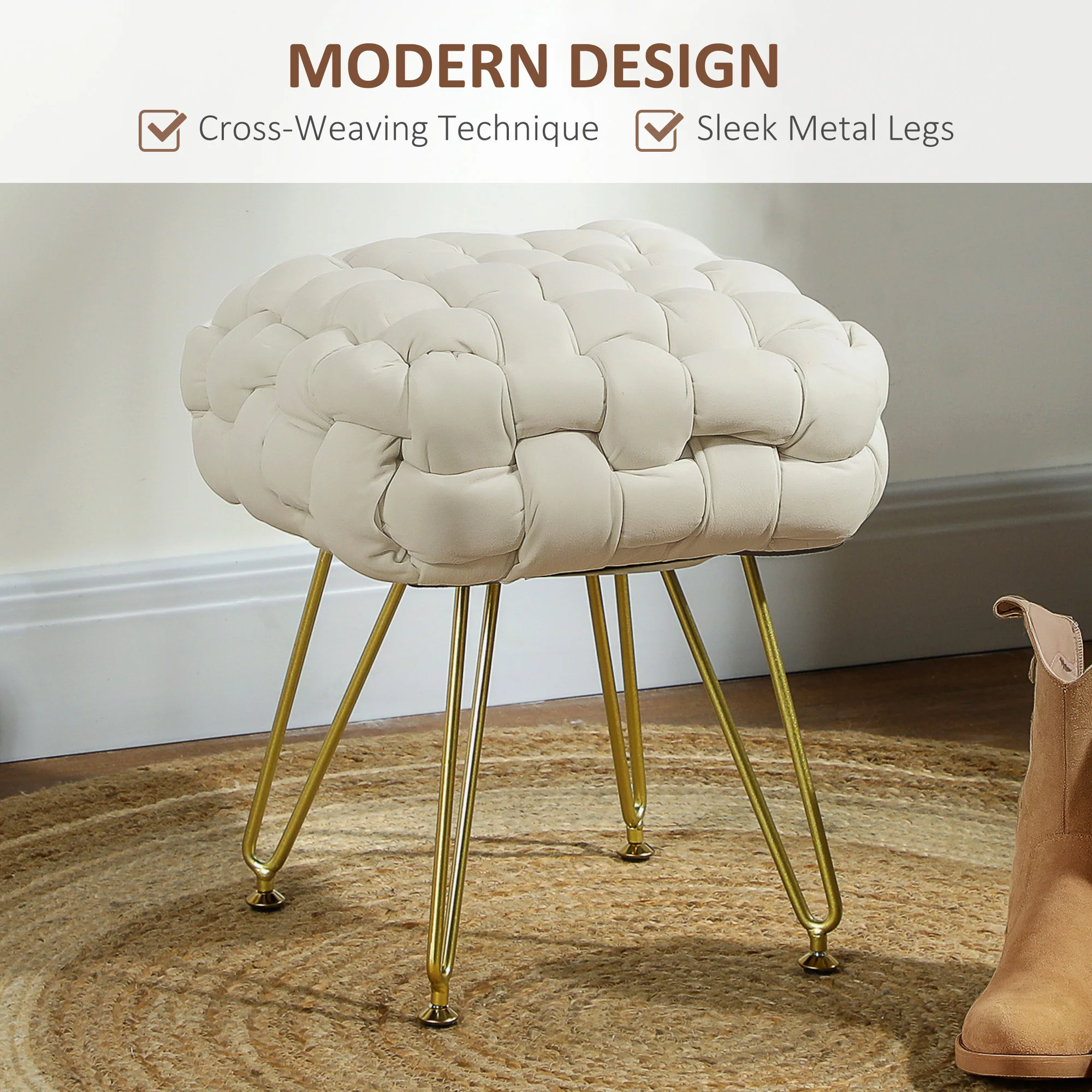 HOMCOM Woven Velvet Foot Stool With Steel Legs For Living Room, Cream White - Image 3