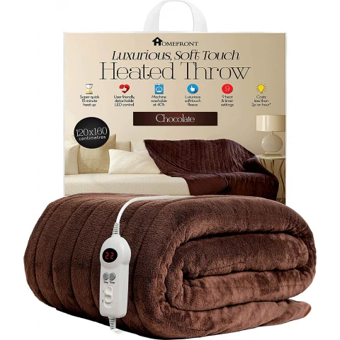 Homefront Electric Heated Throw In Chocolate. Digital Control - Machine Washable - Ultra Soft, Cosy Finish