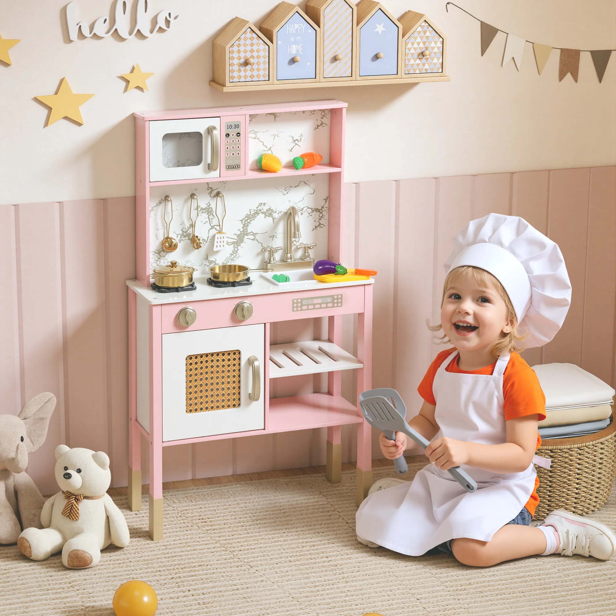 Kids Kitchen Playset with Pretend Play Kitchen Accessories, Pink - Image 2