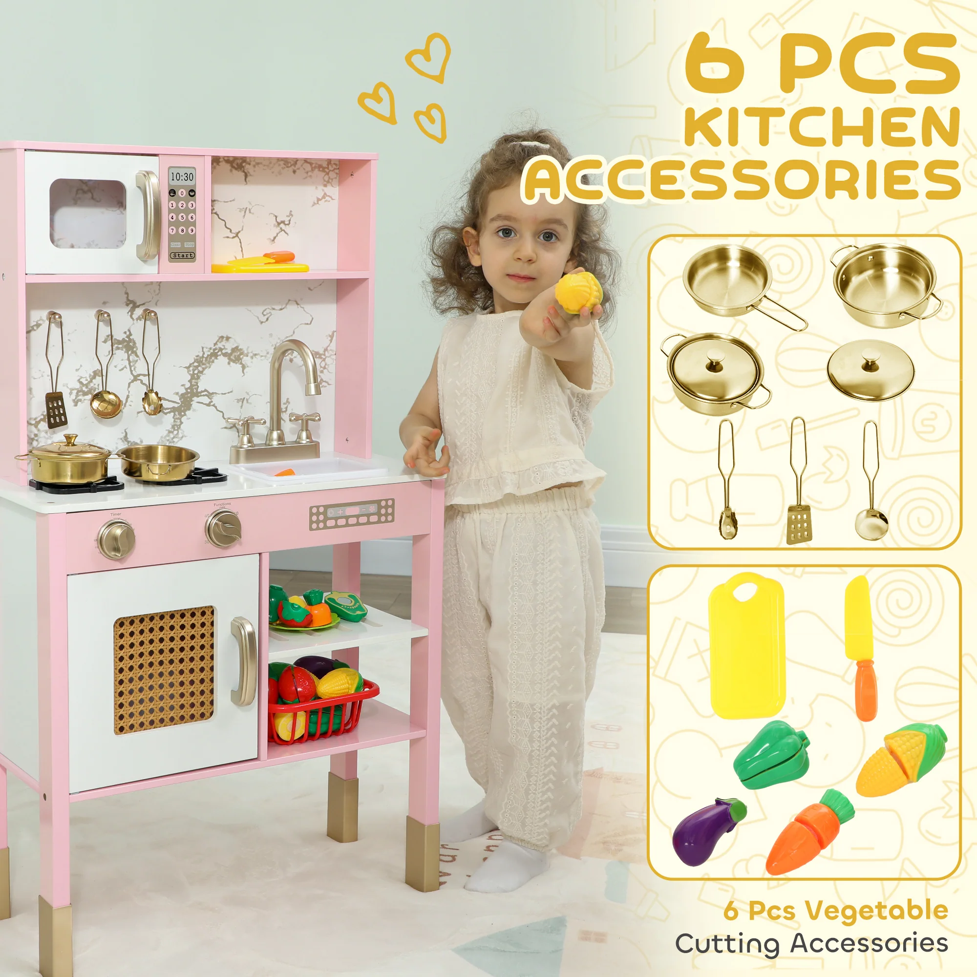 Kids Kitchen Playset with Pretend Play Kitchen Accessories, Pink - Image 6