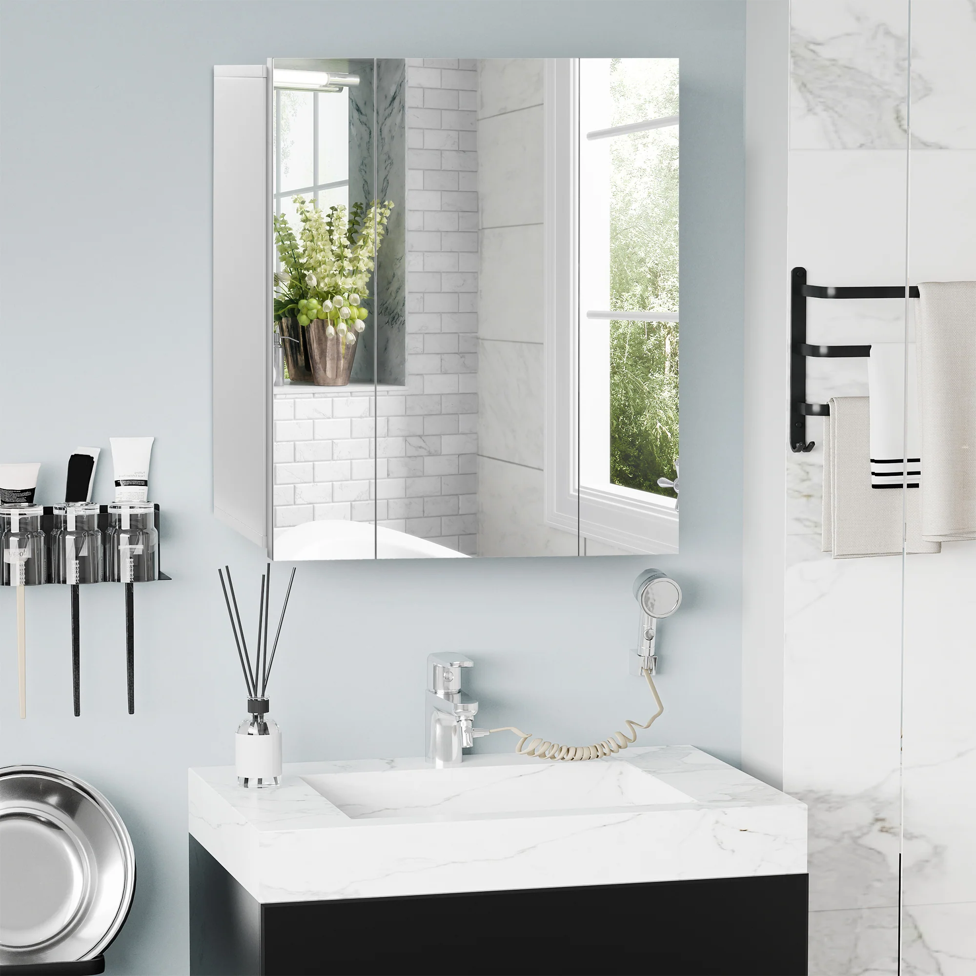 kleankin Bathroom Mirror Cabinet Wall Mount Storage organiser w/ Door, White - Image 2