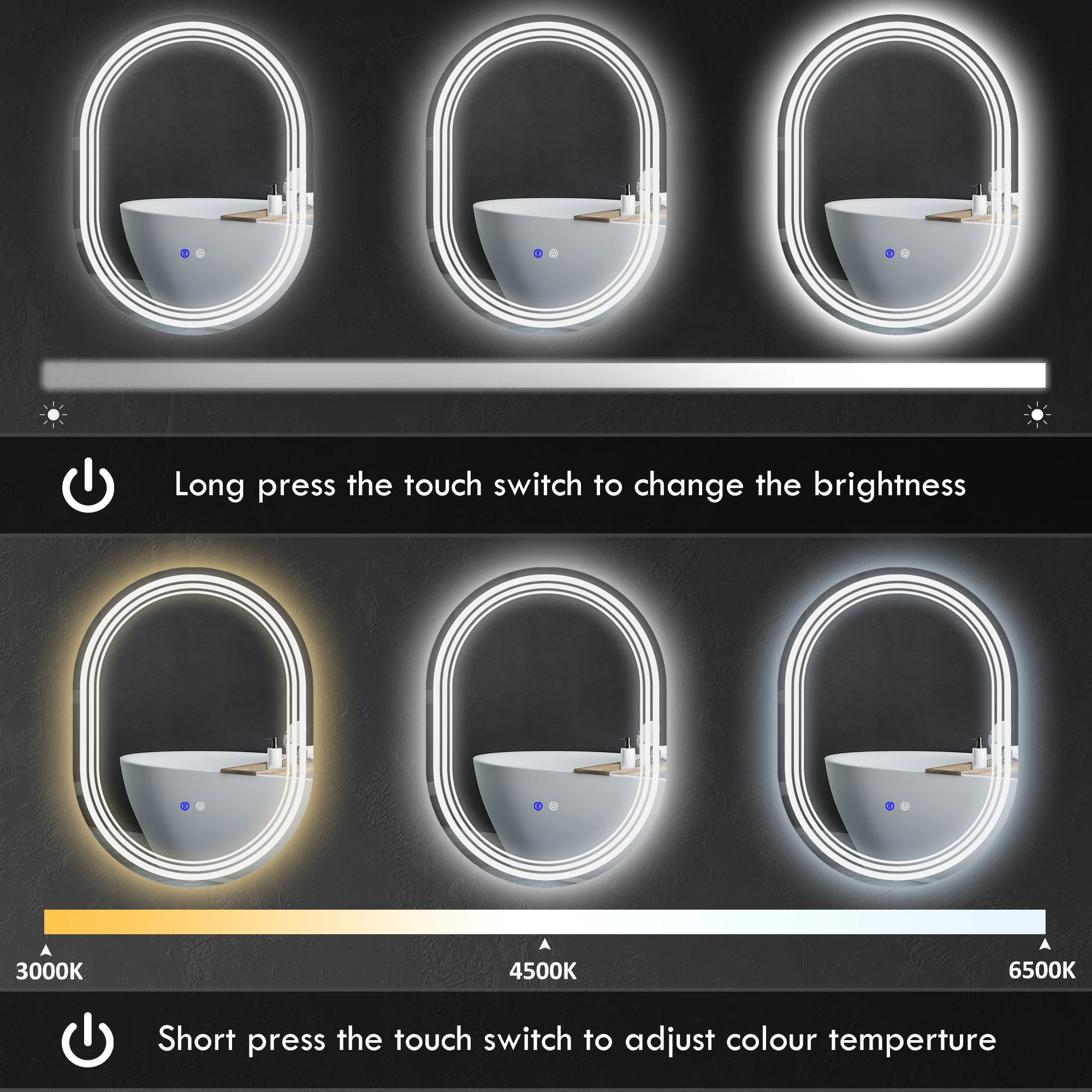 kleankin Bathroom Mirror with LED Lights, 3 Colours, Anti-fog, 80 x 60cm - Image 4
