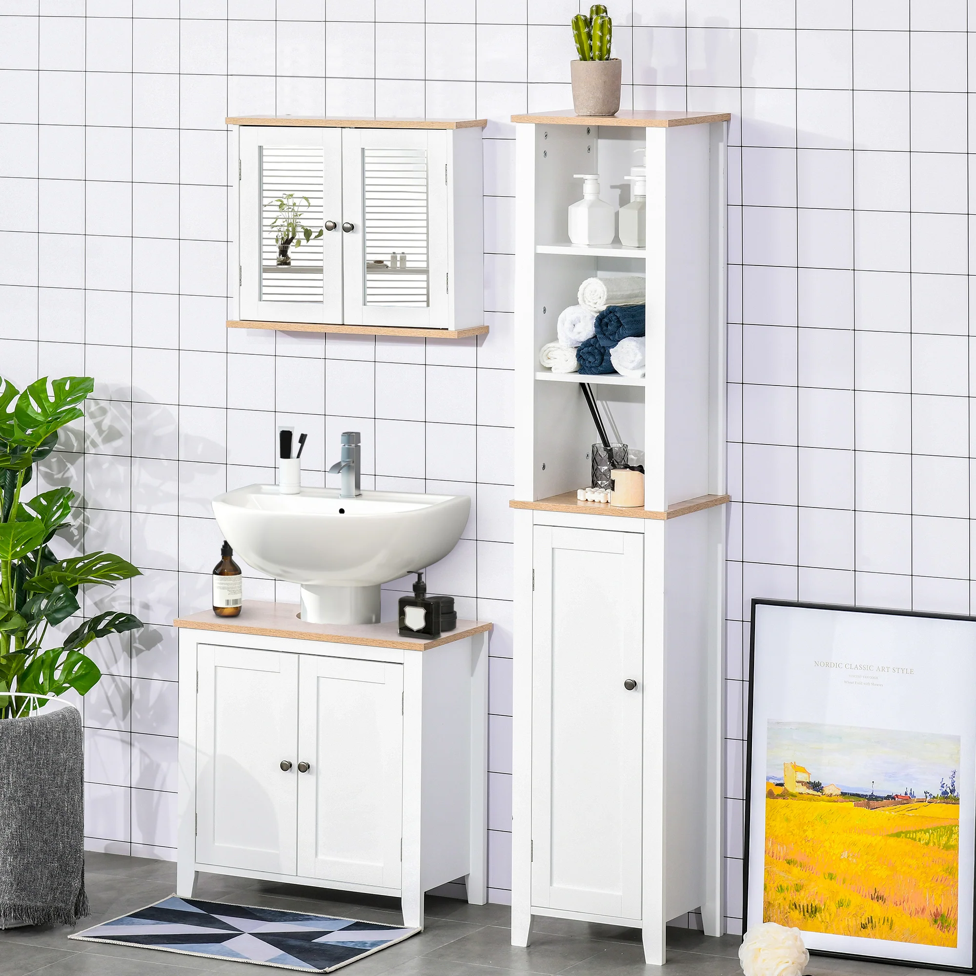 kleankin Bathroom Pedestal Under Sink Cabinet Floor w/ Storage Shelf Double Door - Image 8