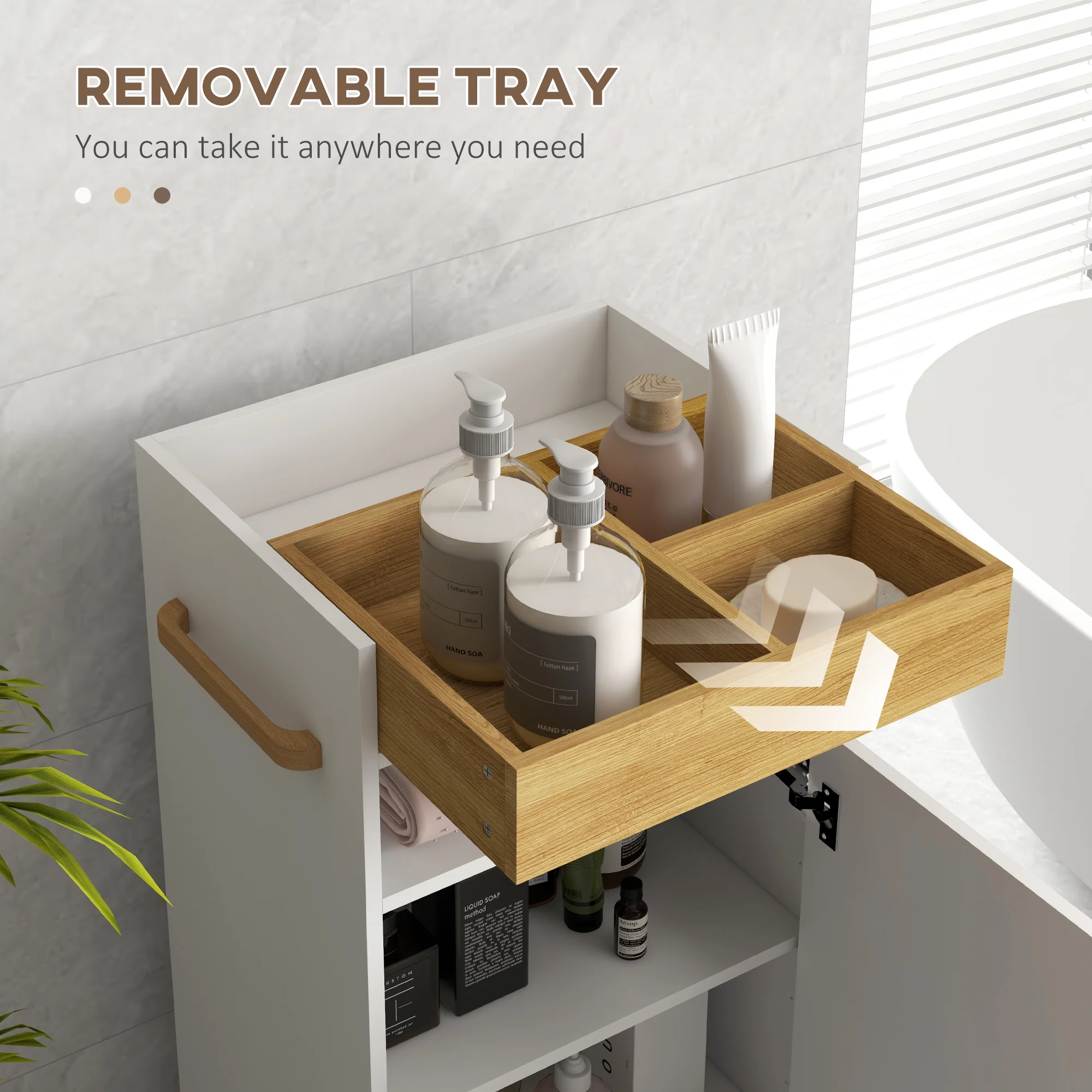 kleankin Bathroom Storage Cabinet with Cushioned Door and Wheels, White - Image 3