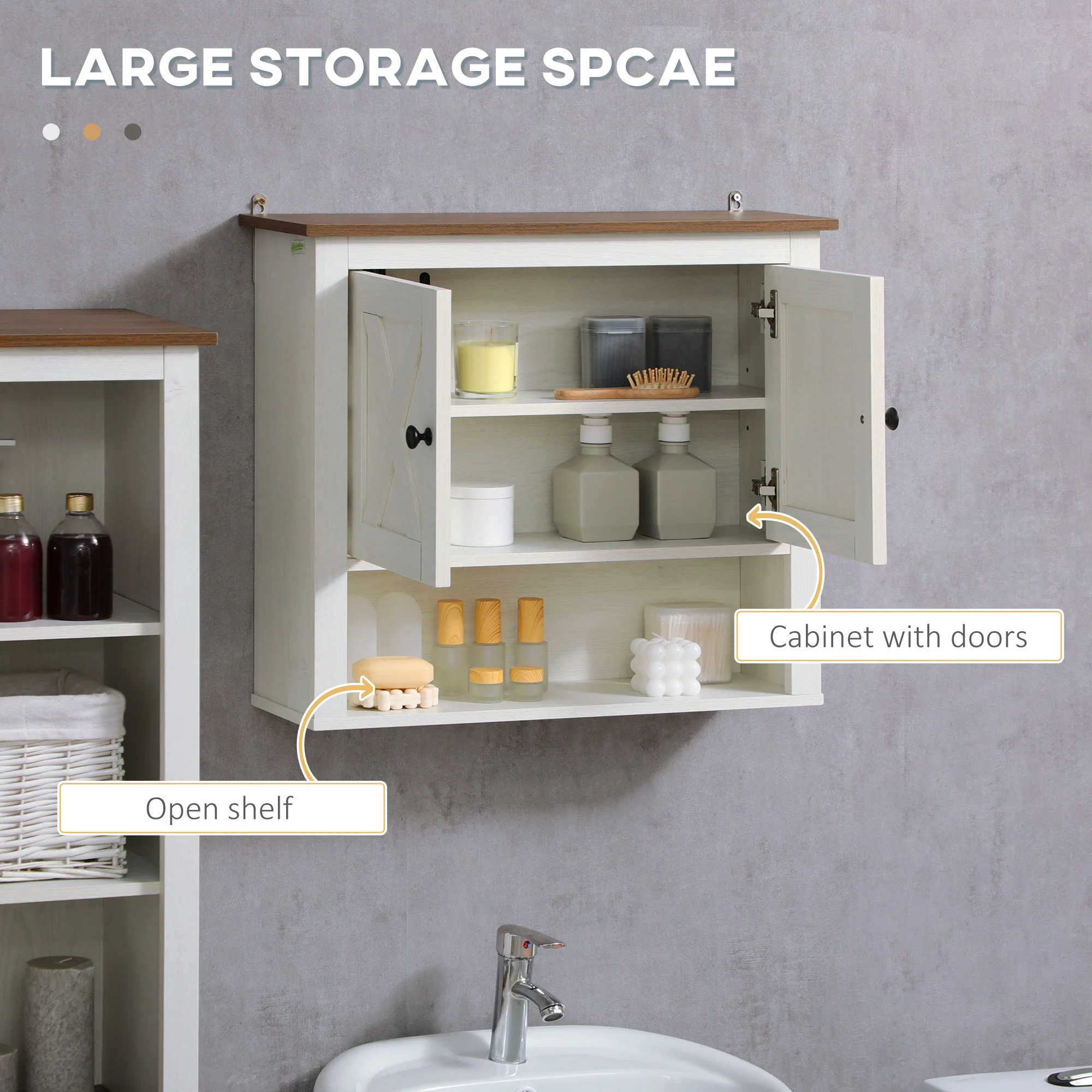 kleankin Farmhouse Bathroom Wall Cabinet with Shelves, Ash Wood-Effect - Image 3