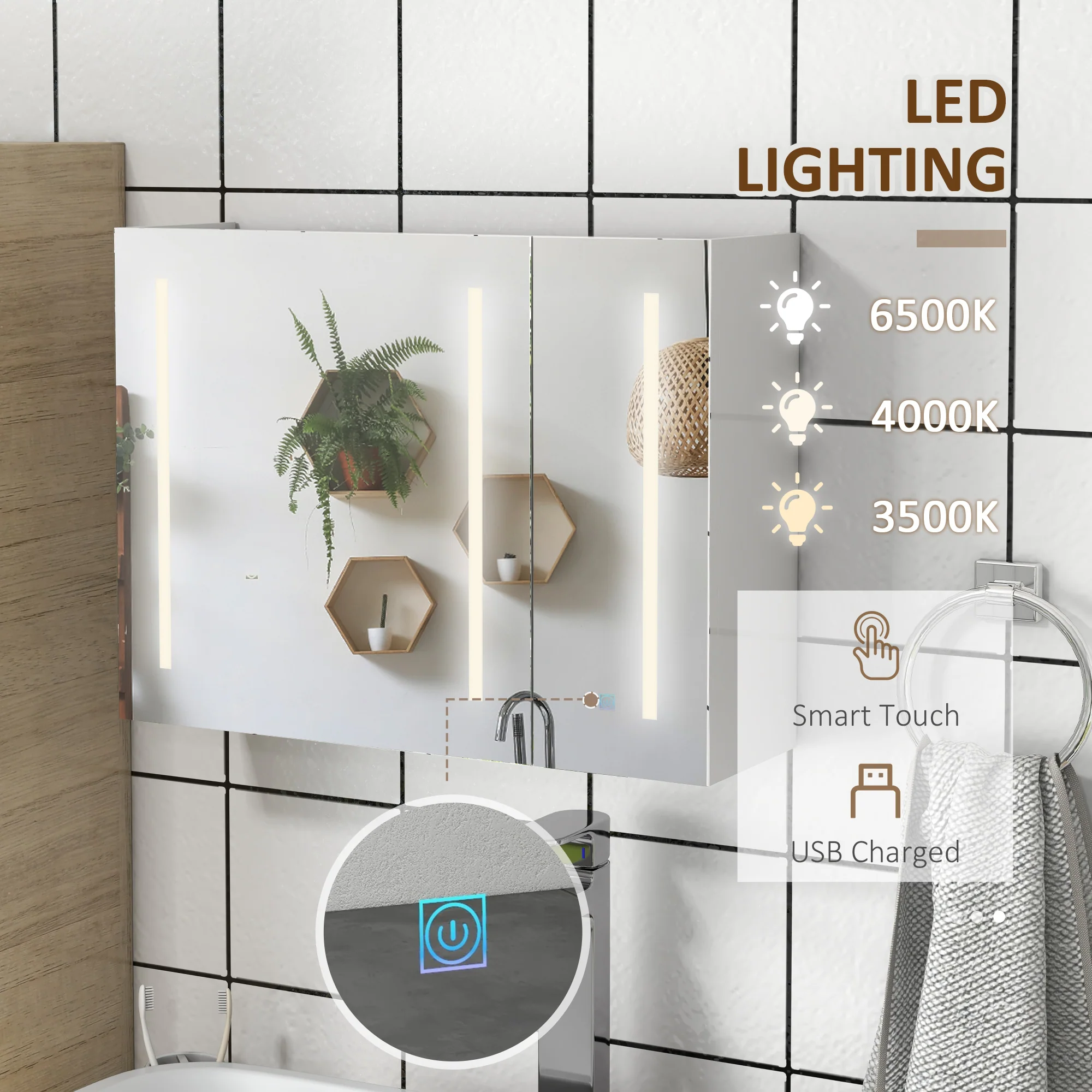 kleankin Wall Mounted Bathroom Storage Cupboard with Light, Mirror and Shelf - Image 3
