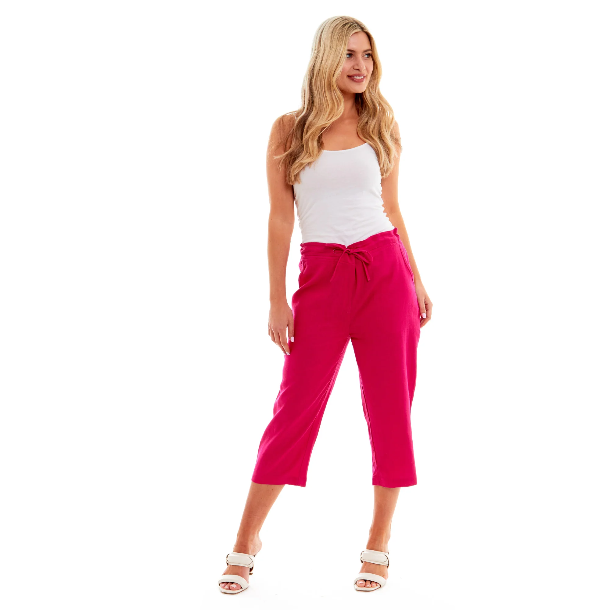 Ladies Linen 3/4 Crop Trousers - Fuschia Pink - Image 2