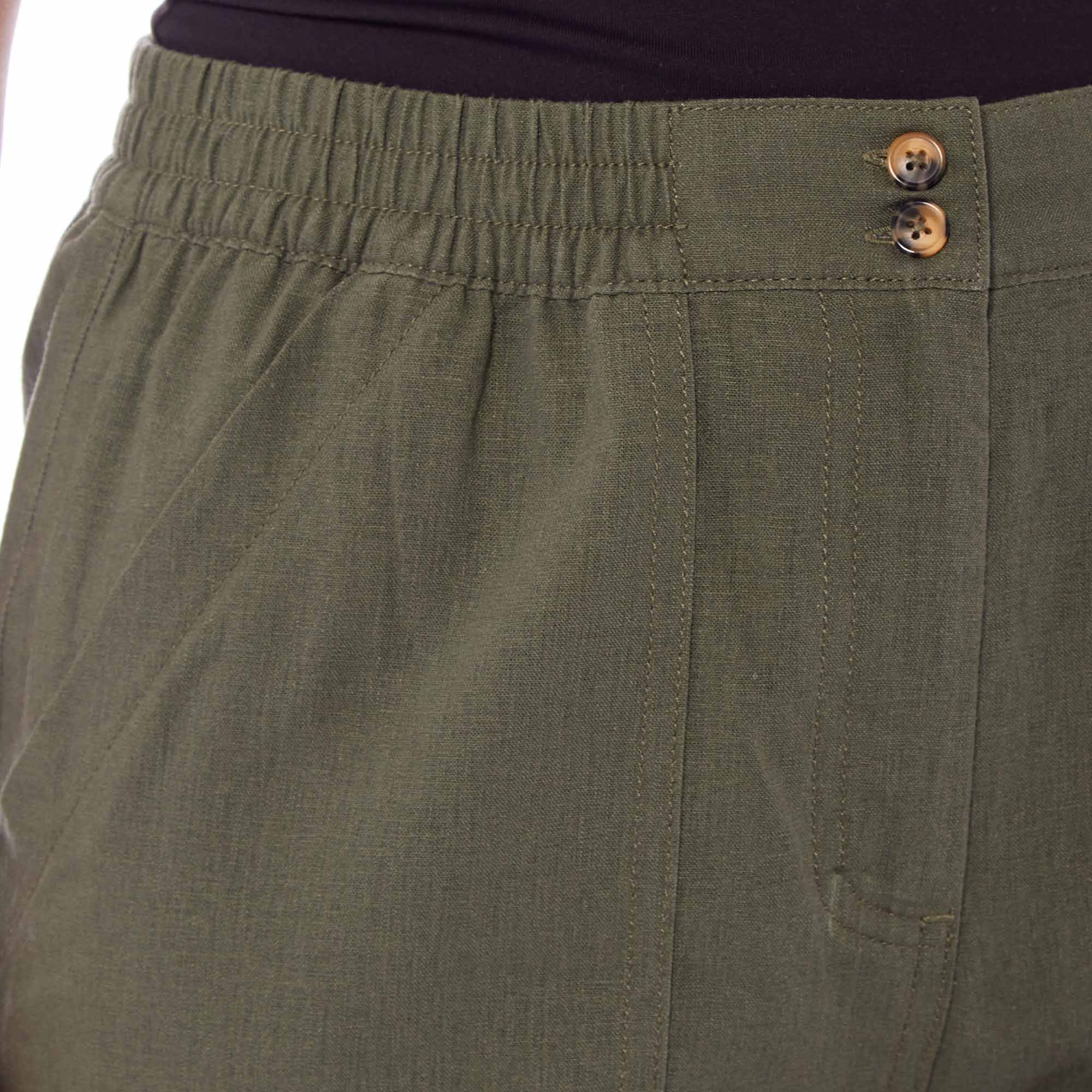 Ladies Linen 3/4 Length Button Trousers - Khaki - Image 5