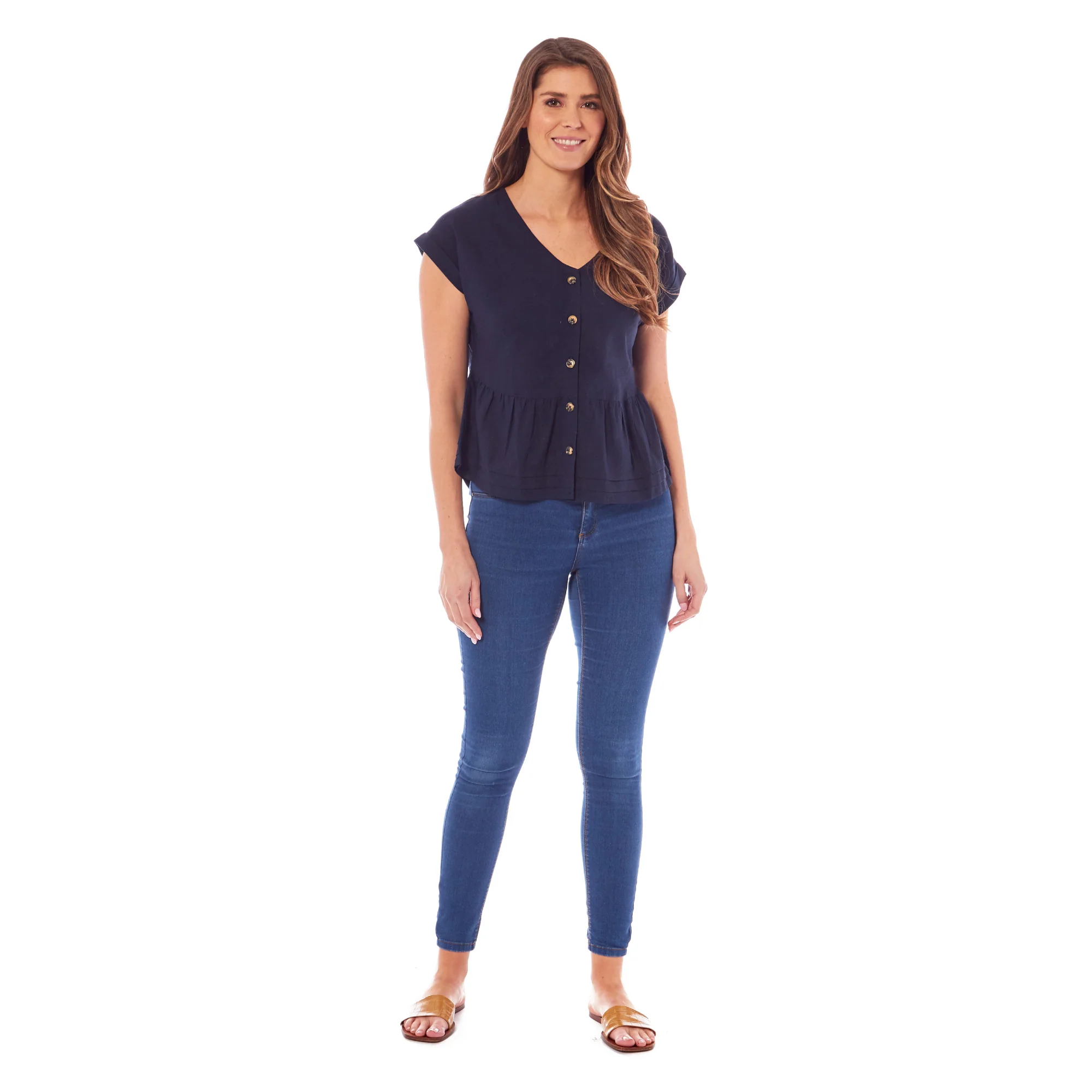 Ladies Linen Cap Sleeve Top - Navy Blue - Image 4